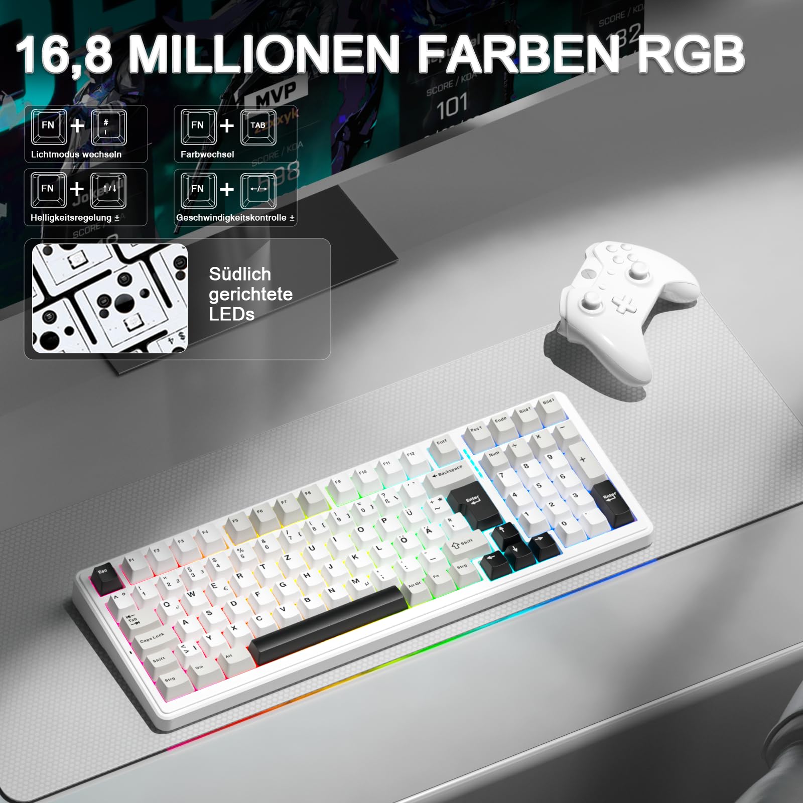 AULA F99 Kabellose Gaming Tastatur Mechanisch QWERTZ DE-Layout BT5.0 2.4G USB-C Gasket Hot Swap RGB PBT 8000mAh 95% (Weiß Grau)