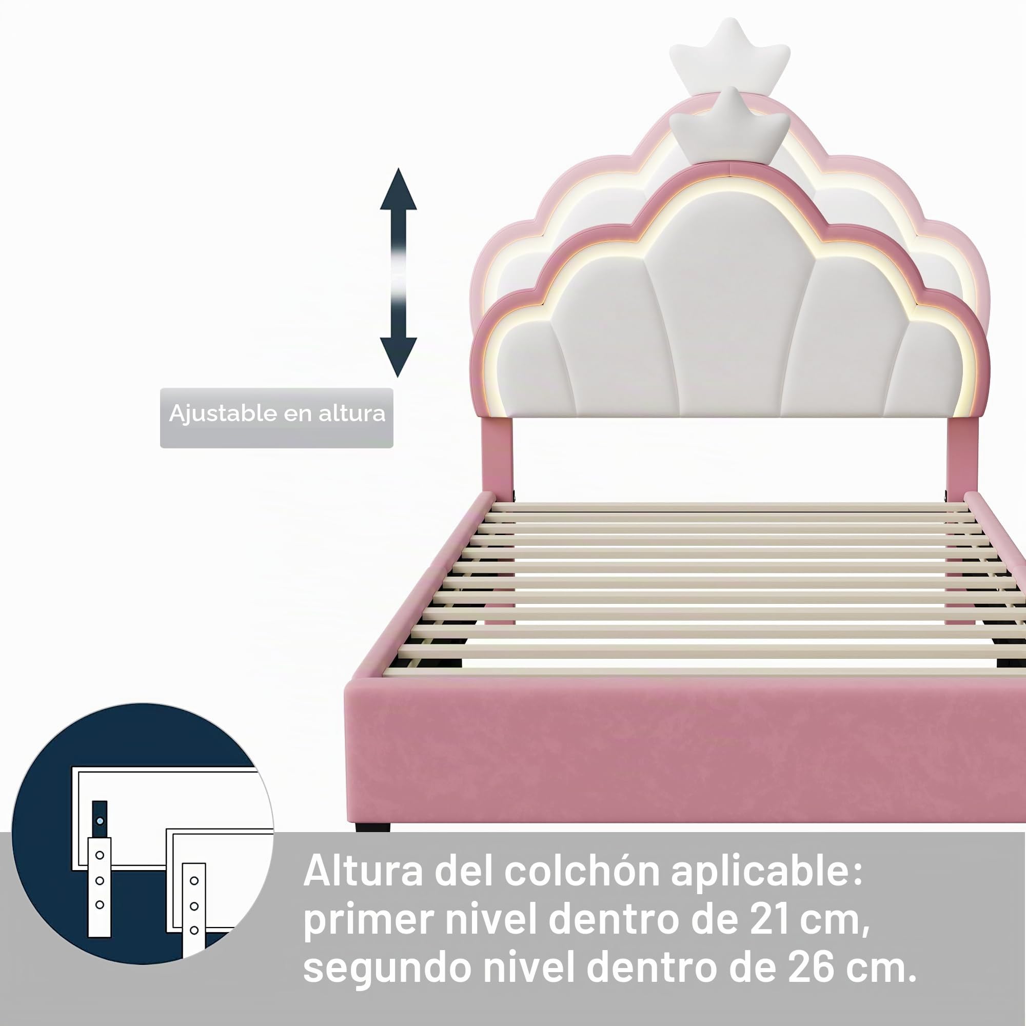 LIVLUX Cama acolchada, 140 x 200 cm, cama de princesa con cabecero LED ajustable y somier, para niñas, diseño de corona, para niños y adolescentes, terciopelo (Rosa, 140 x 200 cm)