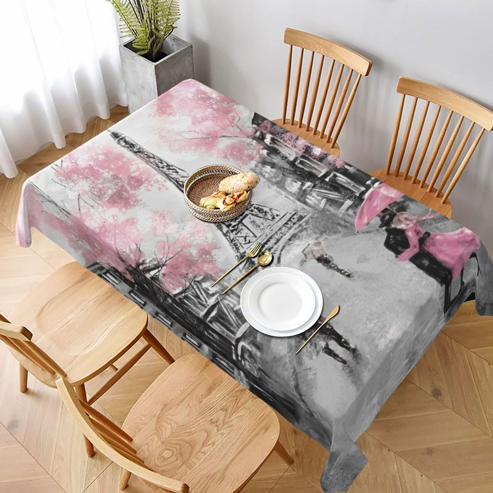 BNVSADC Paris Street Eiffel Tower Pink Floral Printed Rectangle Tablecloth 228x152 CM, Water Resistant Polyester Table Cloth Decorative Fabric Table Covers for Kitchen Dining Table Parties Camping