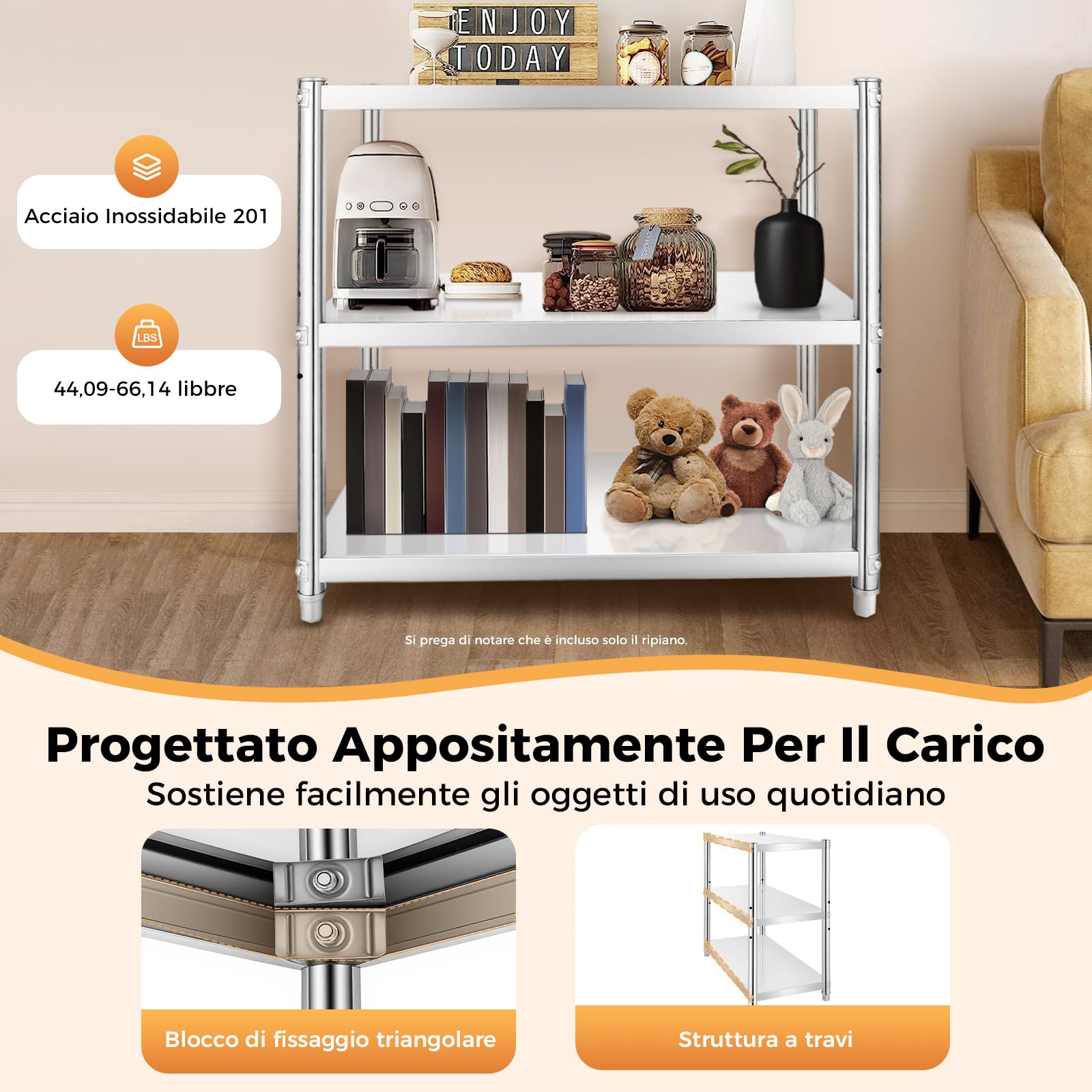 Scaffale da cucina in acciaio inox 80x80x40 cm – 3 ripiani resistenti fino a 30 kg – Tavolo/Scaffale metallico multiuso