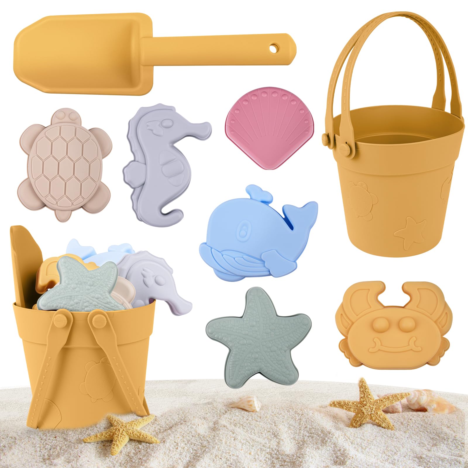 HOTUT Silicone Sand Toys for Kids, 8 PCS Kids Beach Sand Bucket Set with Bucket, Shovels and Sea Animal Soft Molds, Beach Toy for Kids for Beach Party Camping and Summer Activities - Orange