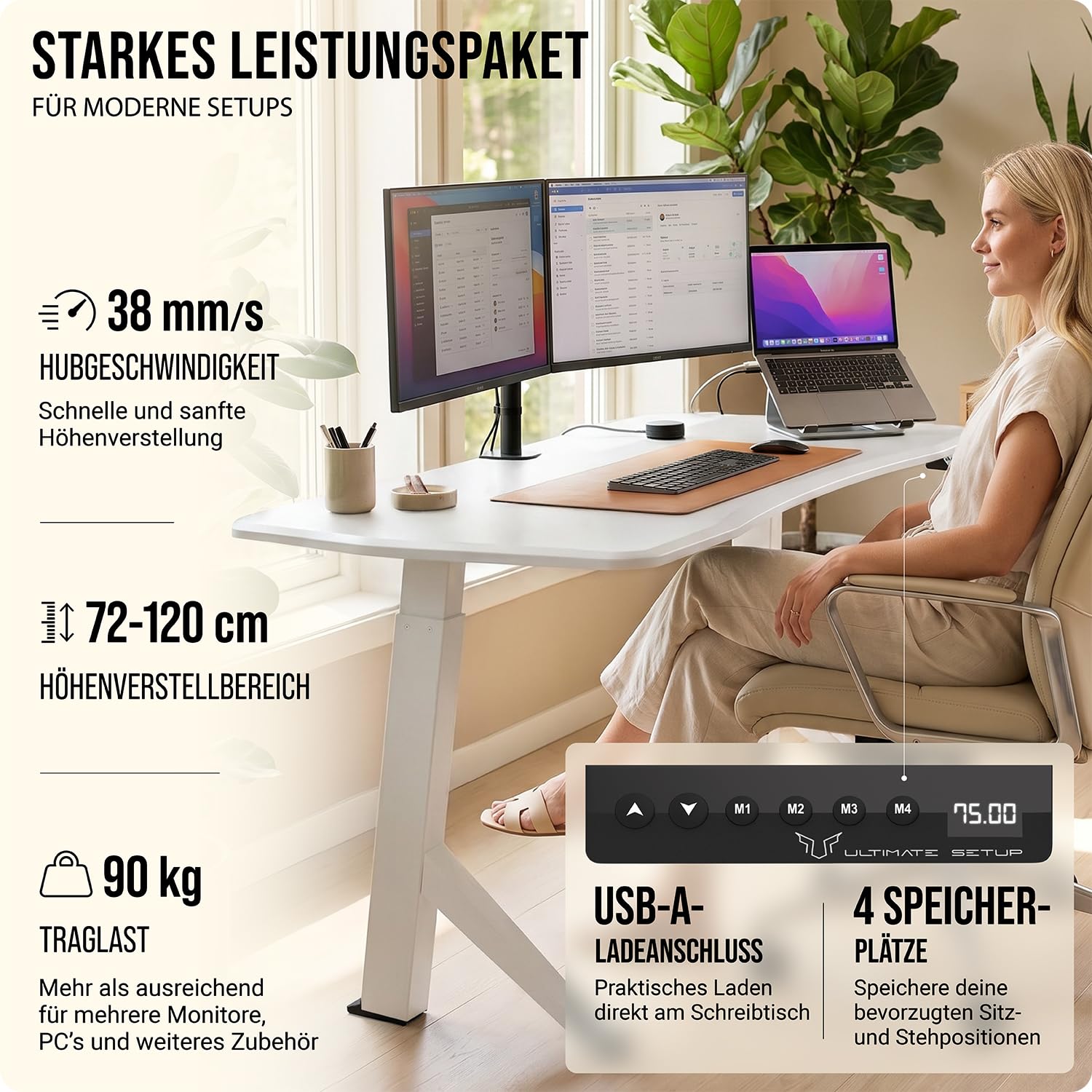 Schreibtisch höhenverstellbar 140x70 elektrisch Weiß | Gaming Tisch | Massive Standstabilität · 4-Höhen speicherbar · Massive MDF-Platte · Elektrisch stufenlos verstellbar