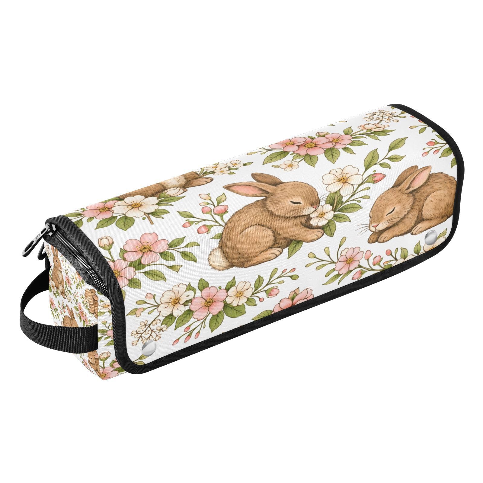 Rabbits and Flower Hair Tools Travel Bag Portable Hair Accessory Organizer with Heat Resistant Mat 2 in 1