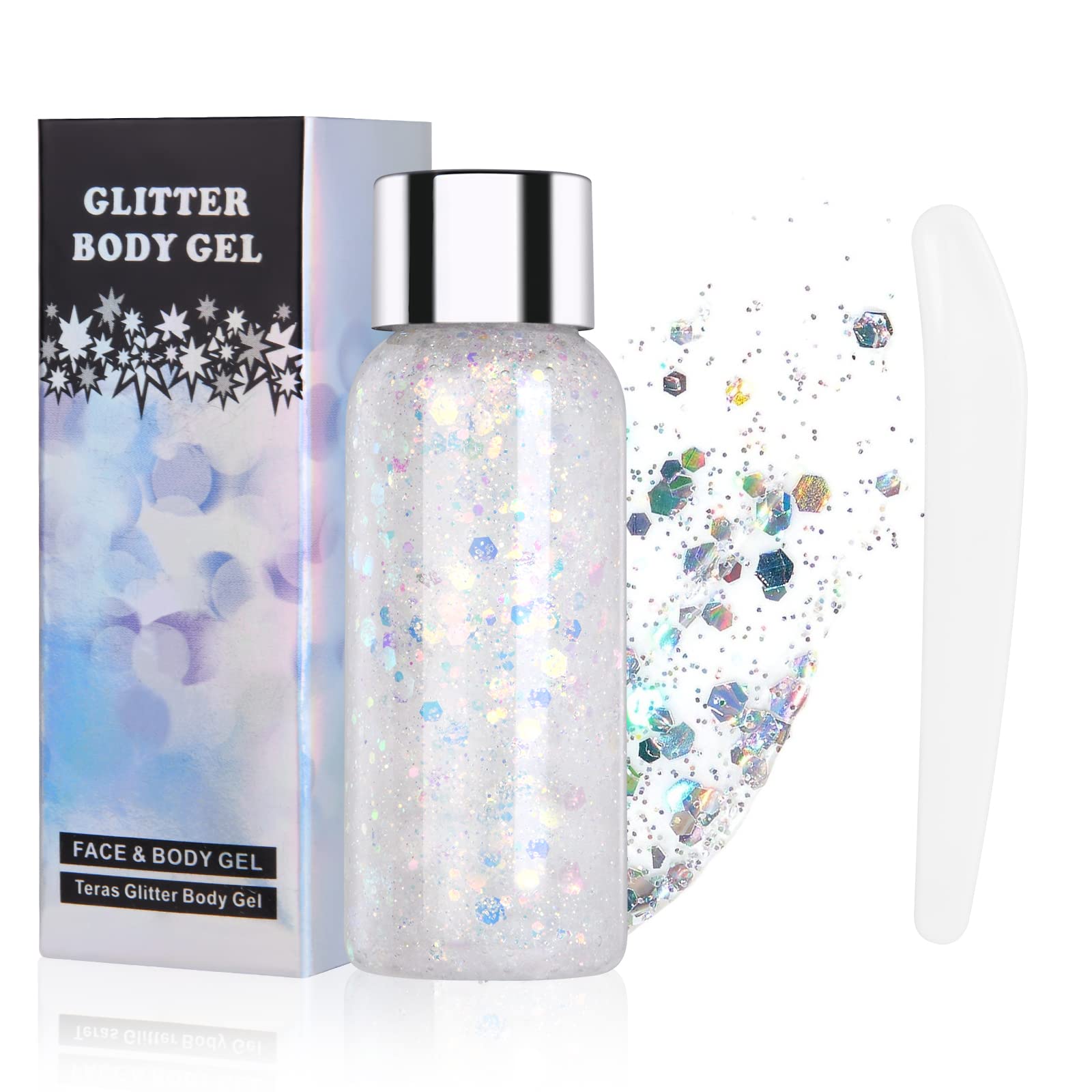 URAQT Body Glitter Gel, Chunky Glitter Gel, Chunky Body Lotion Glitzer Flüssiger Lidschatten, Meerjungfrau Pailletten Funkelnde für Gesicht Haare Lippen Nägel Make Up Kosmetik Festival (Weiß)