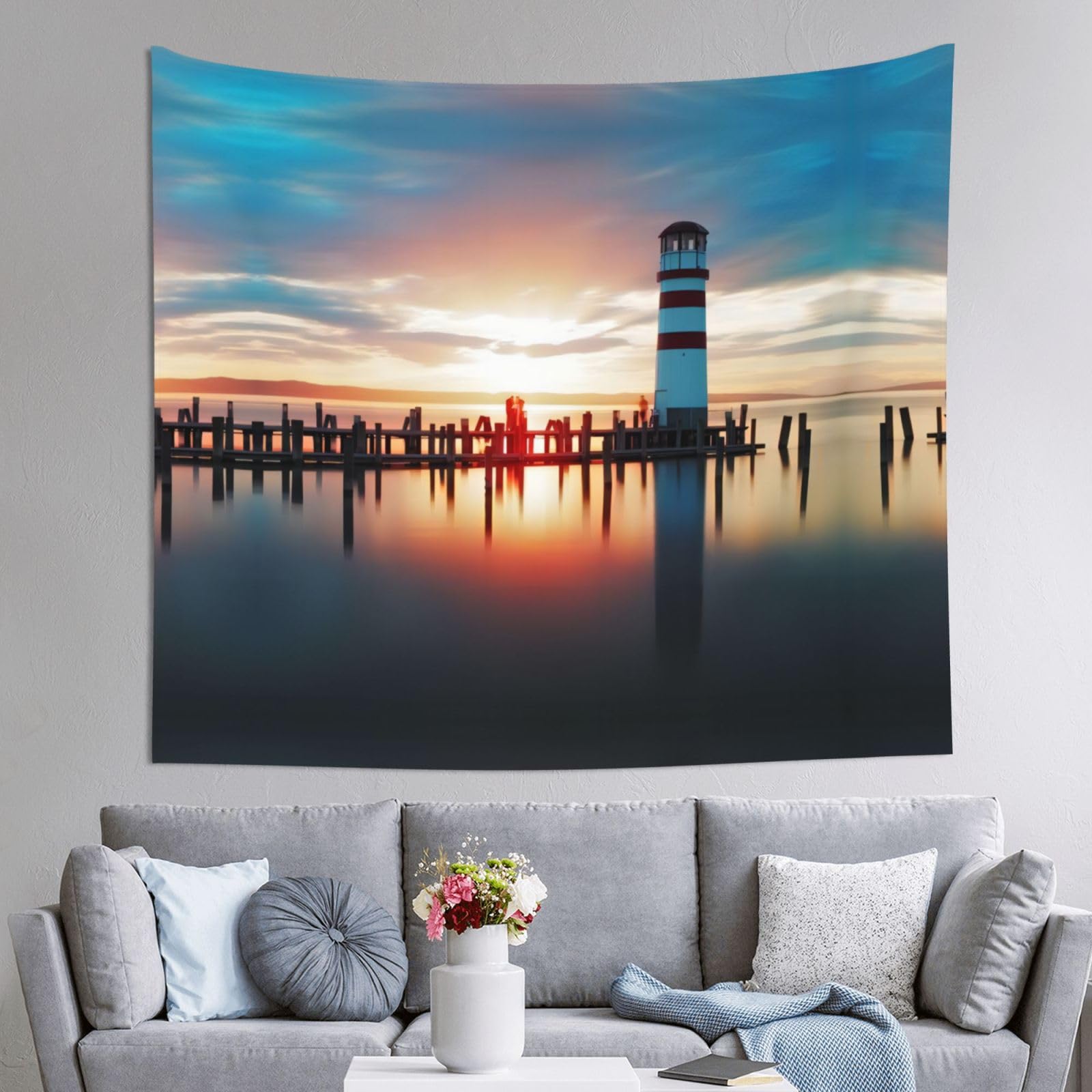 HLSBSSL 60x51in Seaside Lighthouse Printed Tapestry Tablecloth for Dormitory and Picnic Rooms - Multifunctional Fabric Hanging