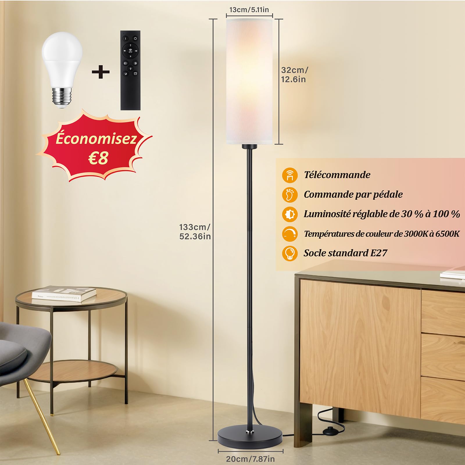 Lampadaire Sur Pied Salon avec télécommande, Températures de Couleur Réglable, Ampoule LED 9 W incluse, Lampe de Lecture Blanc Moderne, Lampes de Chevet pour Chambre à Coucher, Salon, Bureau