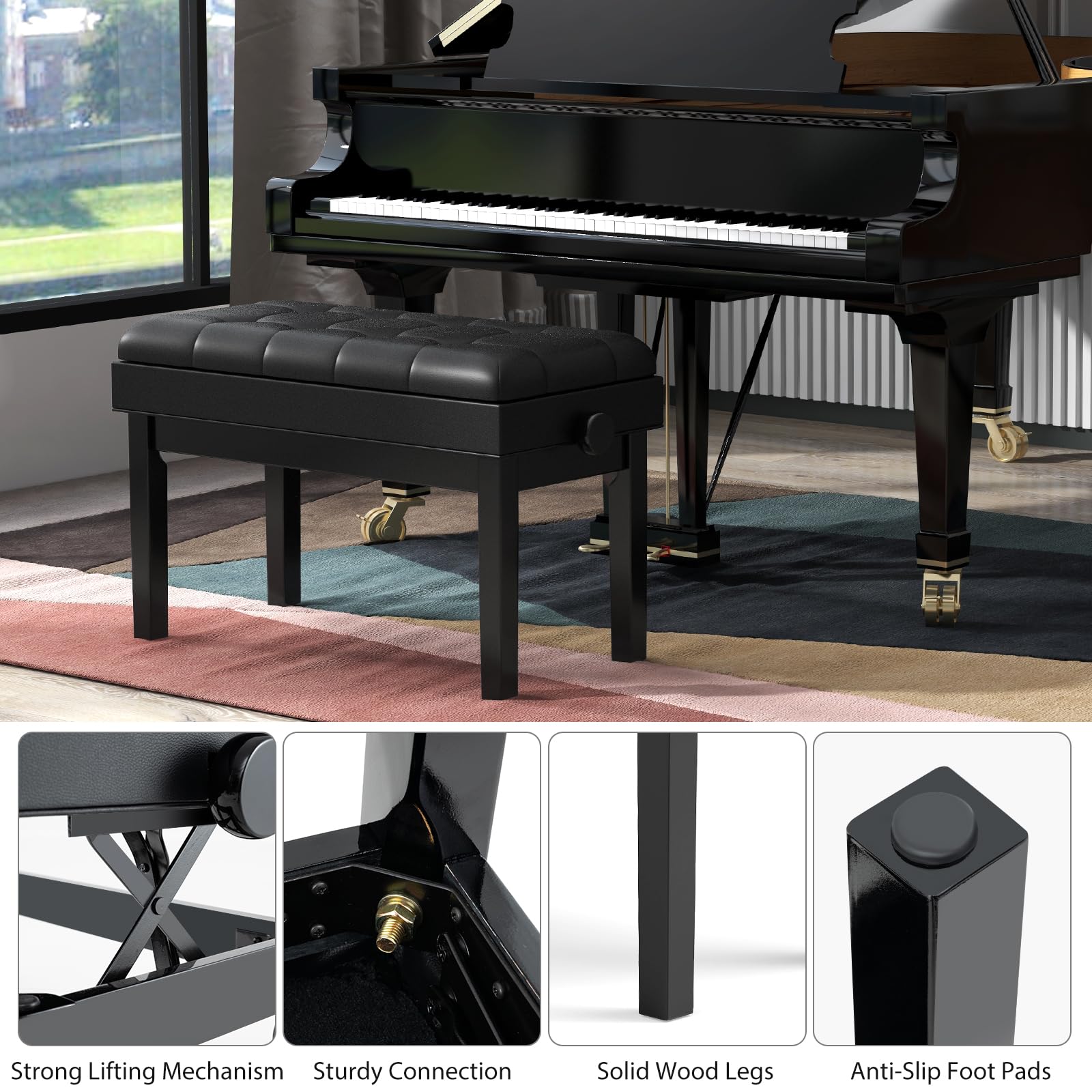 HOMASIS Sgabello Pianoforte Regolabile in Altezza, Panca Pianoforte con Contenitore Nascosto, Struttura in Metallo/Gambe in Legno/Seduta in Pelle Artificiale, Sgabello Imbottito per Musicista, Nero