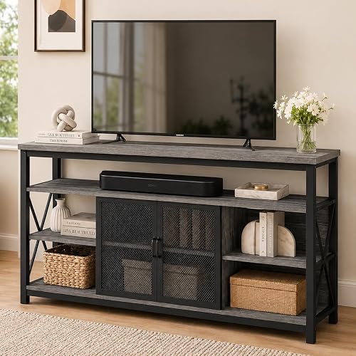 BON AUGURE Tall TV Stand for TVs up to 65 Inch, Industrial Entertainment Center with Storage Cabinet, Rustic Wood Media Console Table for Living Room and Bedroom (32 Inch High, Grey Oak)