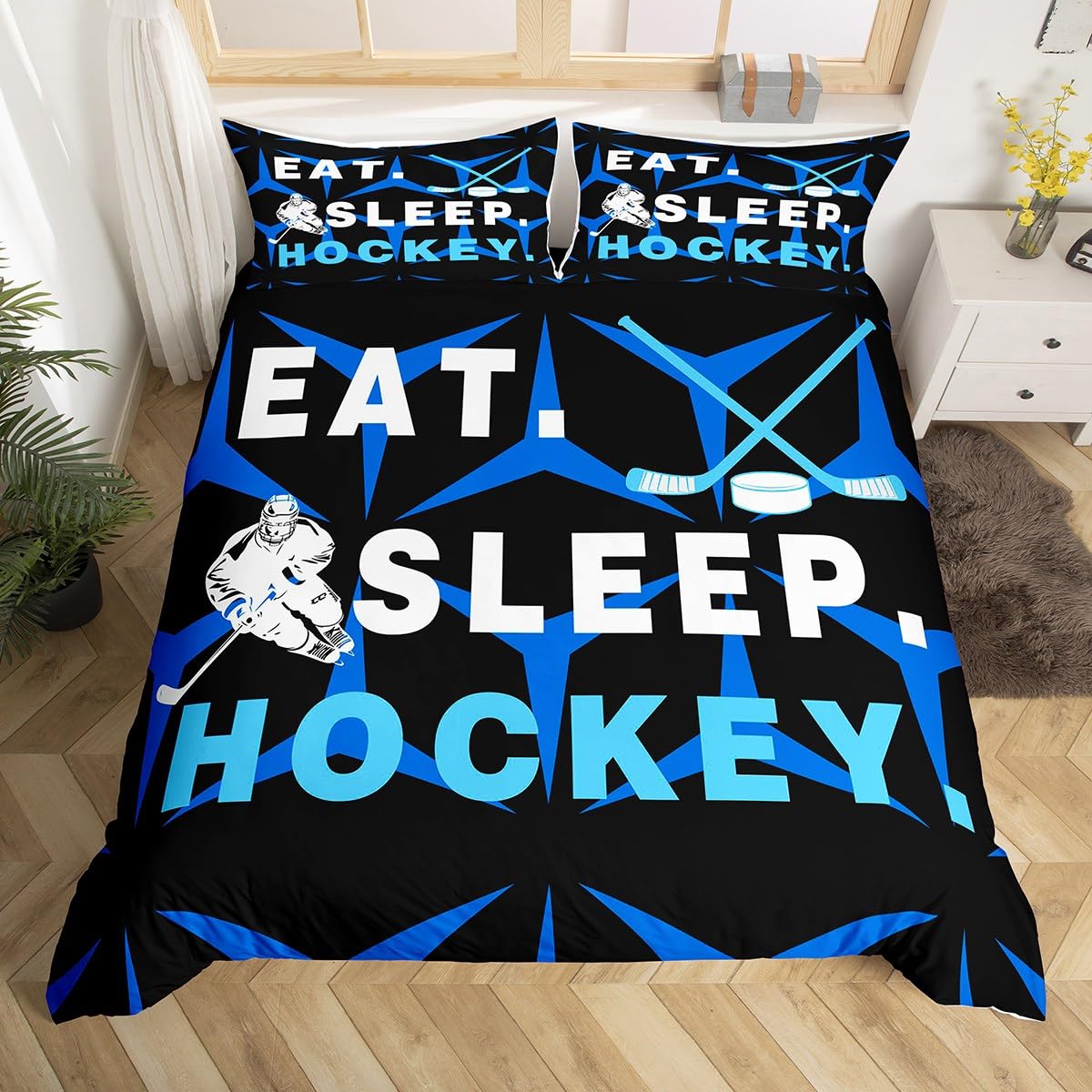 jejeloiu Kids Blue Ice Hockey Bedding Set Toddler Size Ice Sports Games Bedding Duvet Cover Set Decor Hockey Player Geometric Comforter Cover Set Lighting Geometry Bedspread Cover 2Pcs,No Comforter