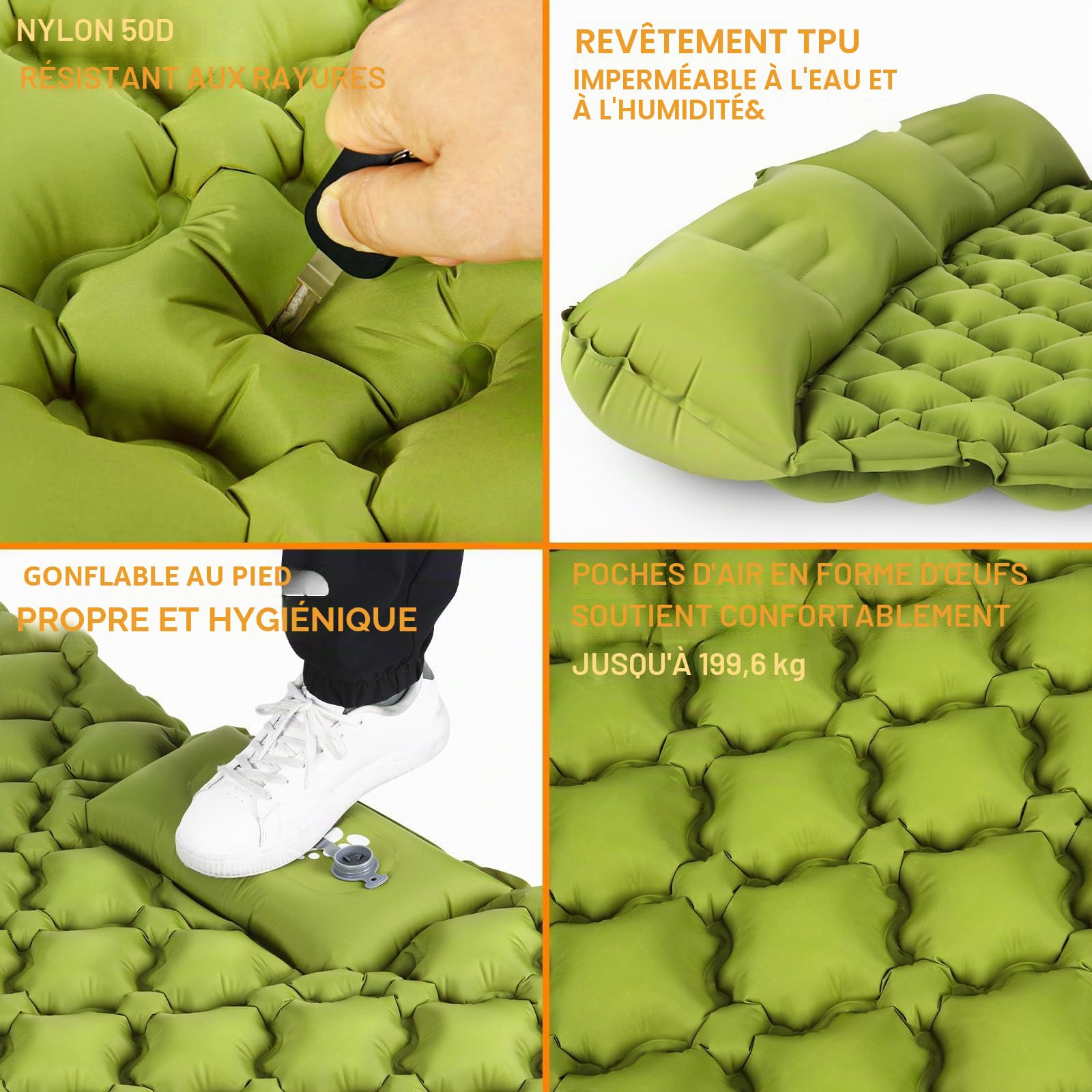 Matelas de Couchage Double Ultra léger de 10,2 cm Extra épais Auto-gonflant pour 2 Personnes avec Oreiller, Pompe à Pied intégrée, Tapis de Camping Portable pour randonnée, Voyage, Tente, Camping