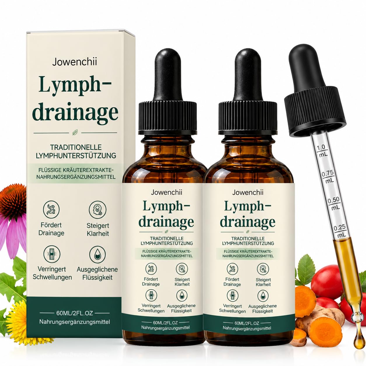 Leichtkraut Lymphdrainage Tropfen – 2er-Pack (120 ml) – 30-in-1 Kräuterextrakte – Traditionelle Lymphunterstützung mit Magnesium, Zink & Vitamin C für Wasserhaushalts, Immunsystem & Lebergesundheit