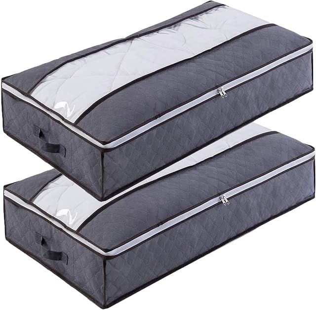 Lvelfe Under Bed Storage Bag with Zips Foldable Thick Breathable Underbed Clothes Storage Bags with Clear Window for Clothing Duvet Comforters Blankets Bedding Quilts Moving,2 Pack