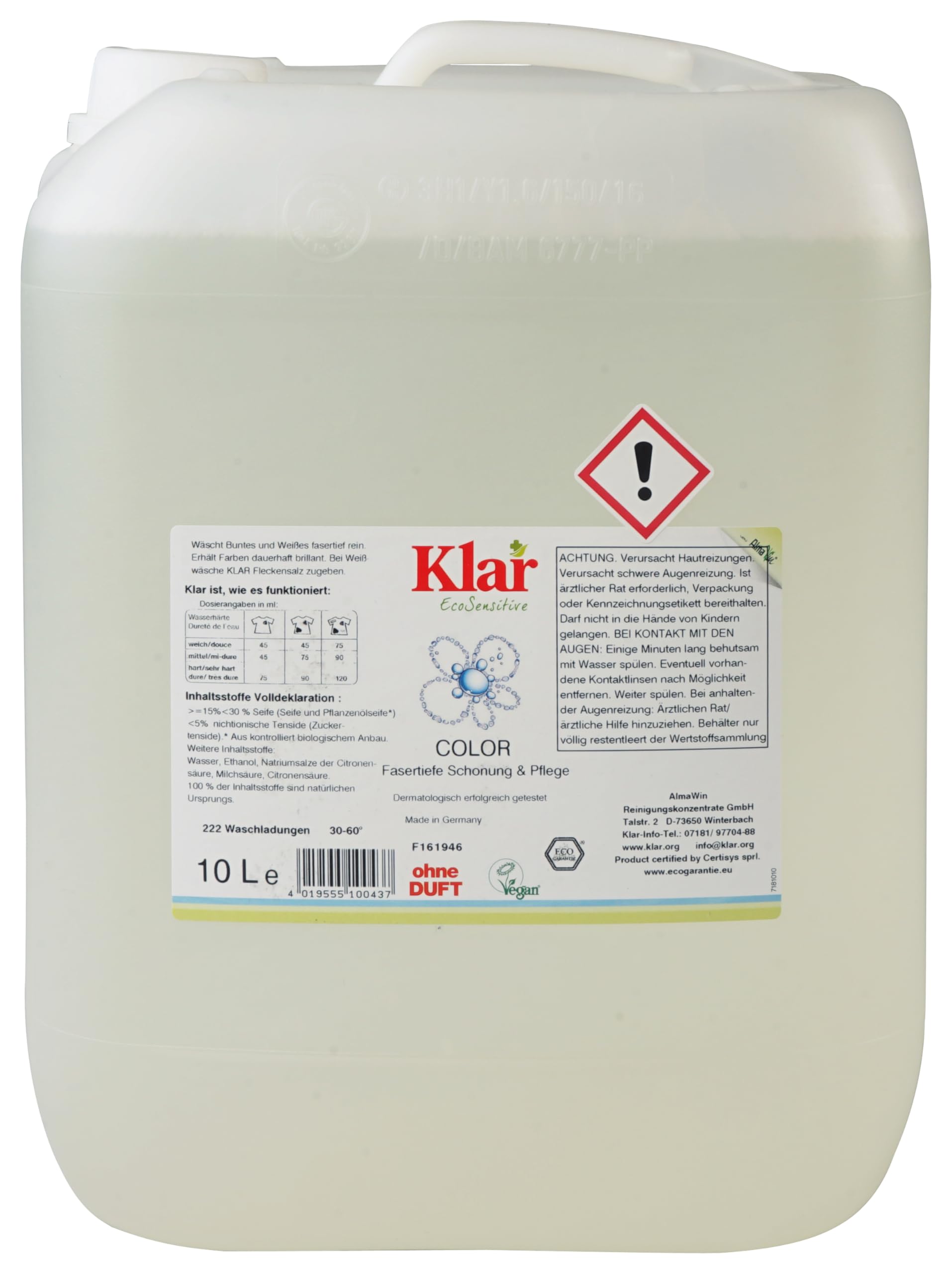 Klar eco Sensitive Color Waschmittel 10l, ohne Duft, 166 Waschladungen, für Allergiker, vegan