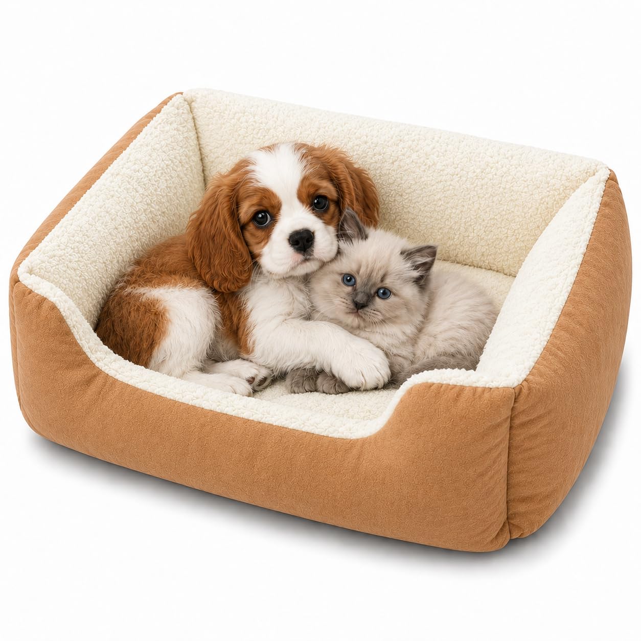 ORVEM Pet Bed for Dogs & Cats – Cosy Calming Plush Bed with Bolstered Sides, Washable Non-Slip Fluffy Dog Bed & Cat Bed for Small & Medium Pets, Soft & Warm (Orange)