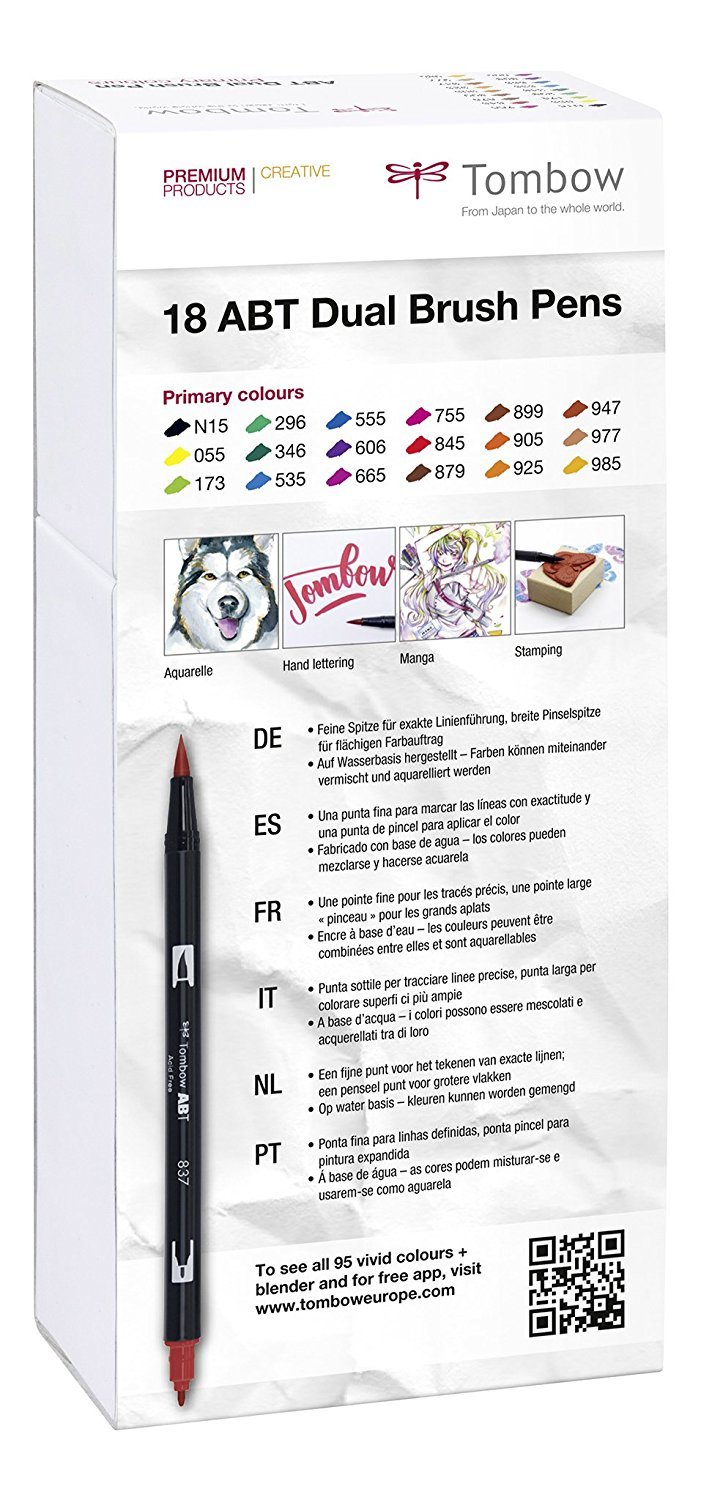 Tombow 18 Filzstifte (Sekundärfarben) Dual Brush Pen mit zwei Spitzen + Fudenosuke Brush Pen starr + weich | Aquarell, auf Wasserbasis, ungiftig, säurefrei und geruchsneutral
