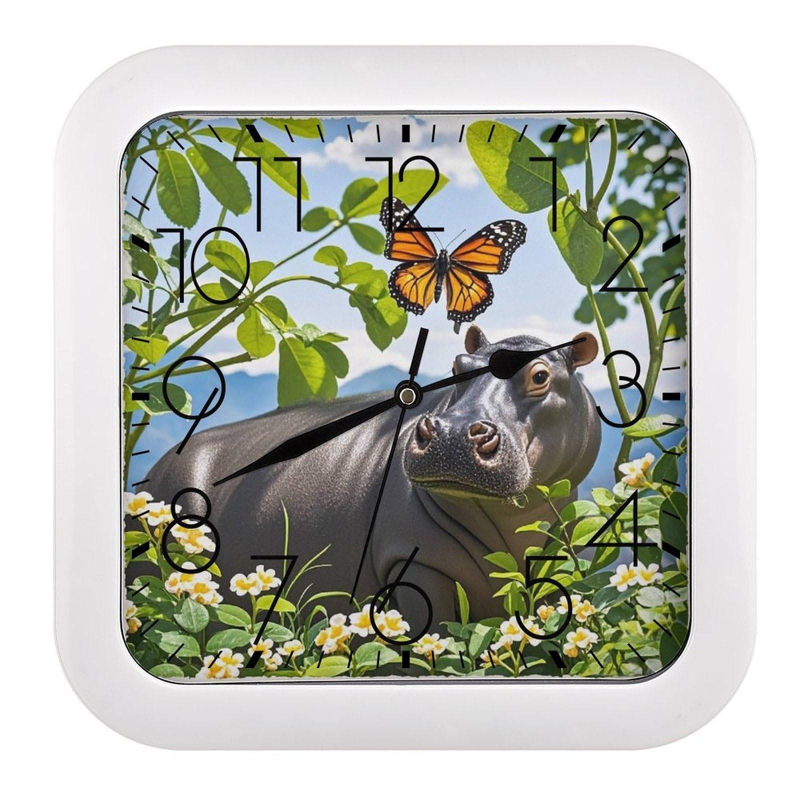 FekiLoot Butterfly and Hippo Wall Clock Battery Operated Square Decorative Wall Clocks Silent Non Ticking Analog Clock Modern Retro Vintage Wall Clocks for Kitchen Living Room Office 10.2 Inch