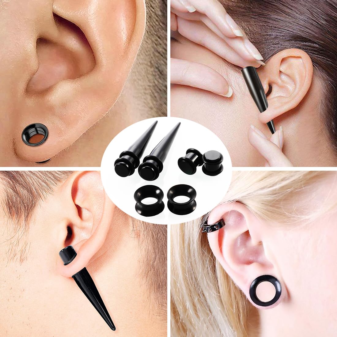 50 sztuk silikonowych rozpychaczy Lobo 1,6-10 mm, silikonowy tunel do uszu, zestaw przedłużający ucho, zestaw ekspanderów do mierników, akrylowe przedłużanie ucha czarne, M, akryl + silikon, 0