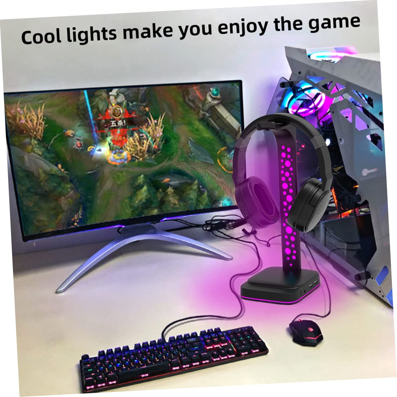 OSALADI Soporte para Auriculares Led RGB para Escritorio, Doble USB y Auxiliar 3.5 Mm, Accesorio De Gaming Multifuncional, Compatible Pc y Uso Diario, Color Negro