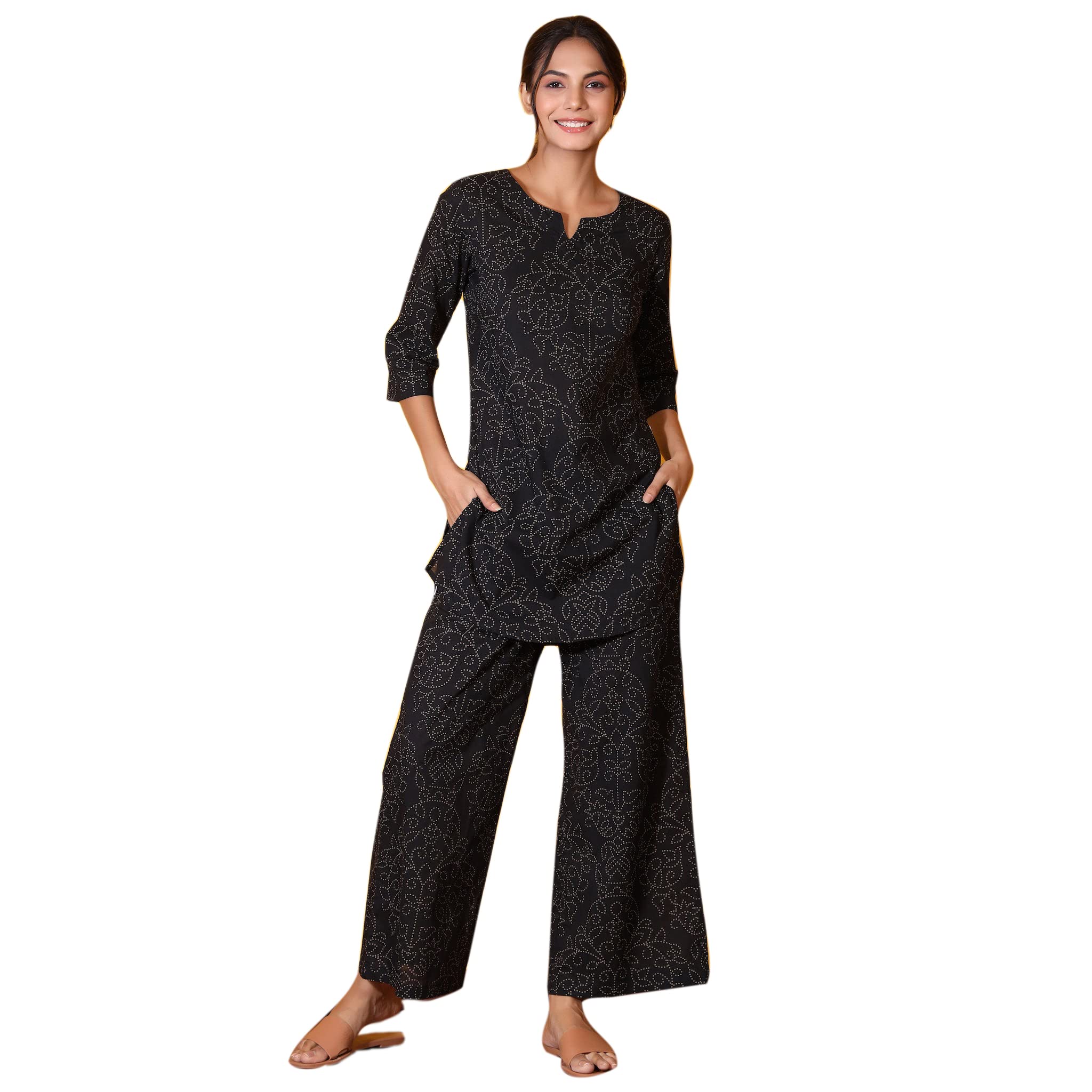 jisora Women's Black Organic Printed Pure Cotton Pyjama Top Night Suit Set-picture-31