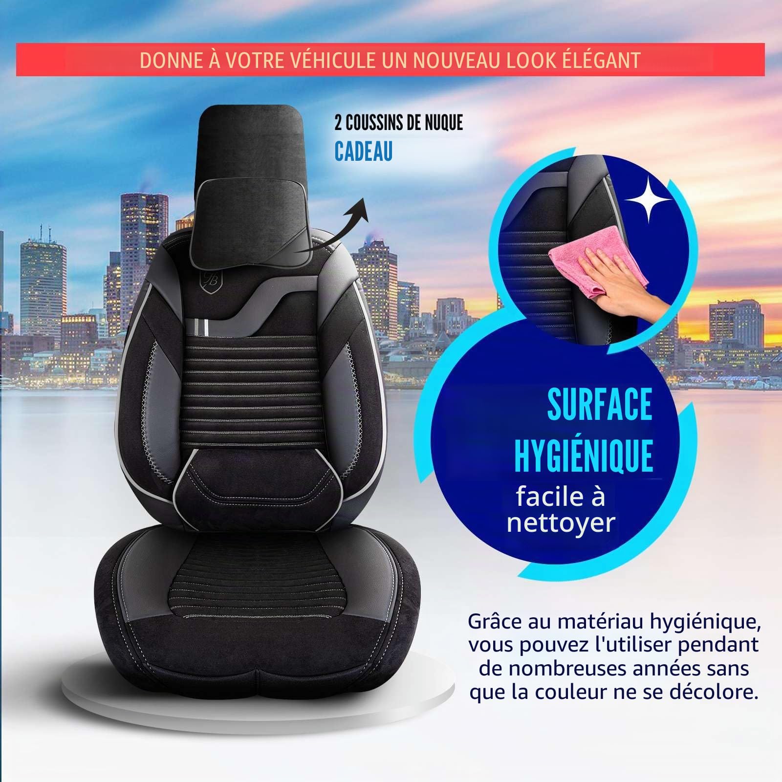 Housses de siège de voiture universelles pour voiture et SUV – Housses de siège avant premium de qualité supérieure en velours, noir/gris, compatibles avec airbag, protection de siège
