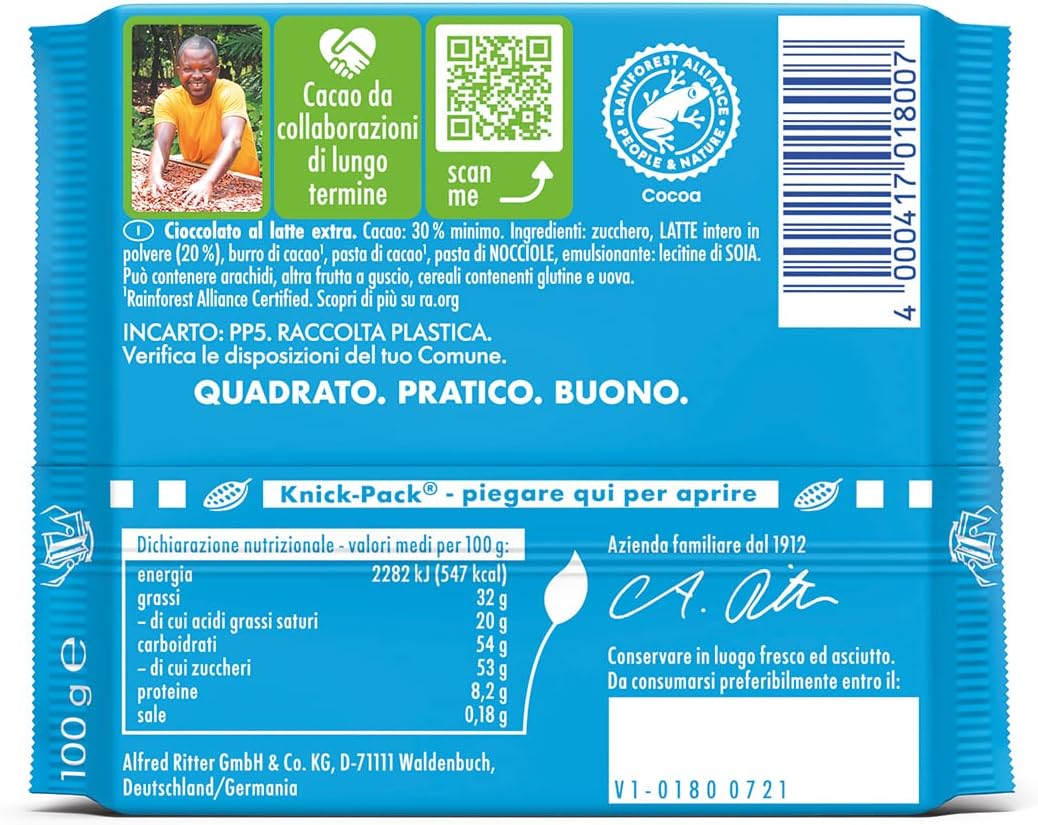 RITTER SPORT Latte delle Alpi, Tavoletta di Cioccolato Al Latte di Altissimo Livello, Sapore Di Caramello e Miele, Cacao 100% Certificato Sostenibile, 100 g - Immagine 2