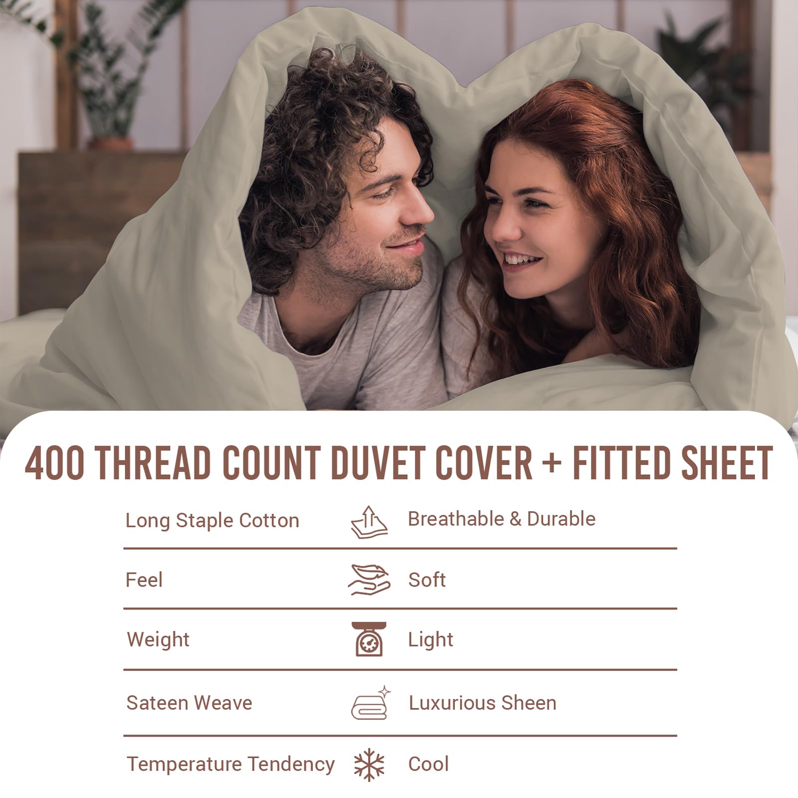 Pizuna Pure 100% Cotton King Size Duvet Cover Sets with King Size Fitted Sheets Simply Taupe - Image 4
