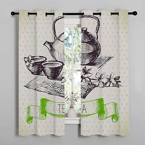 Cortinas para Cocina Retro Tea Graffiti Grommet Short Curtain Divider for Room Separation Tapestry Curtains 63Inch Width by 63Inch Length,2 Panels