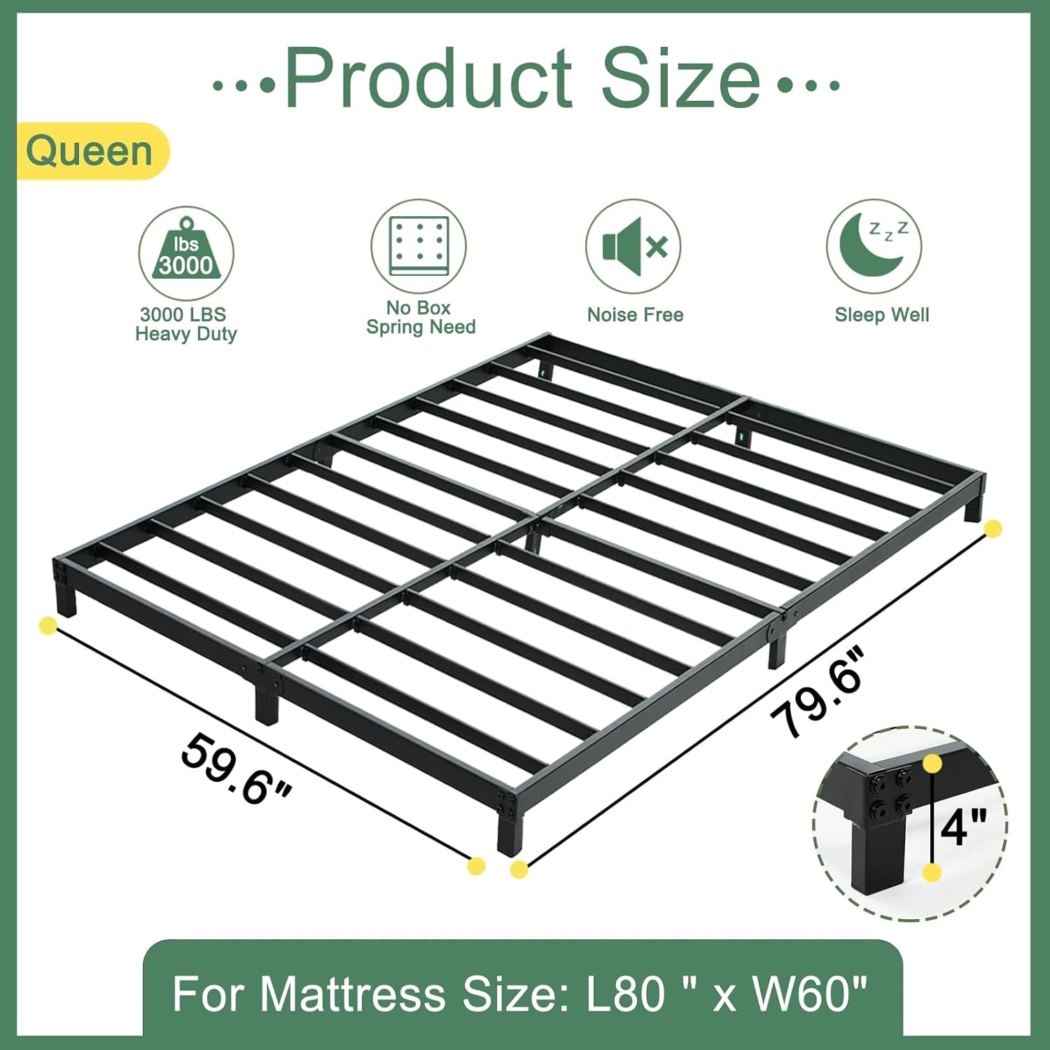 4 inch queen bed frame low profile, queen size bed frame, heavy duty metal platform no box spring needed, sturdy mattress foundation, easy assembly, noise-free, black queen 4 inch