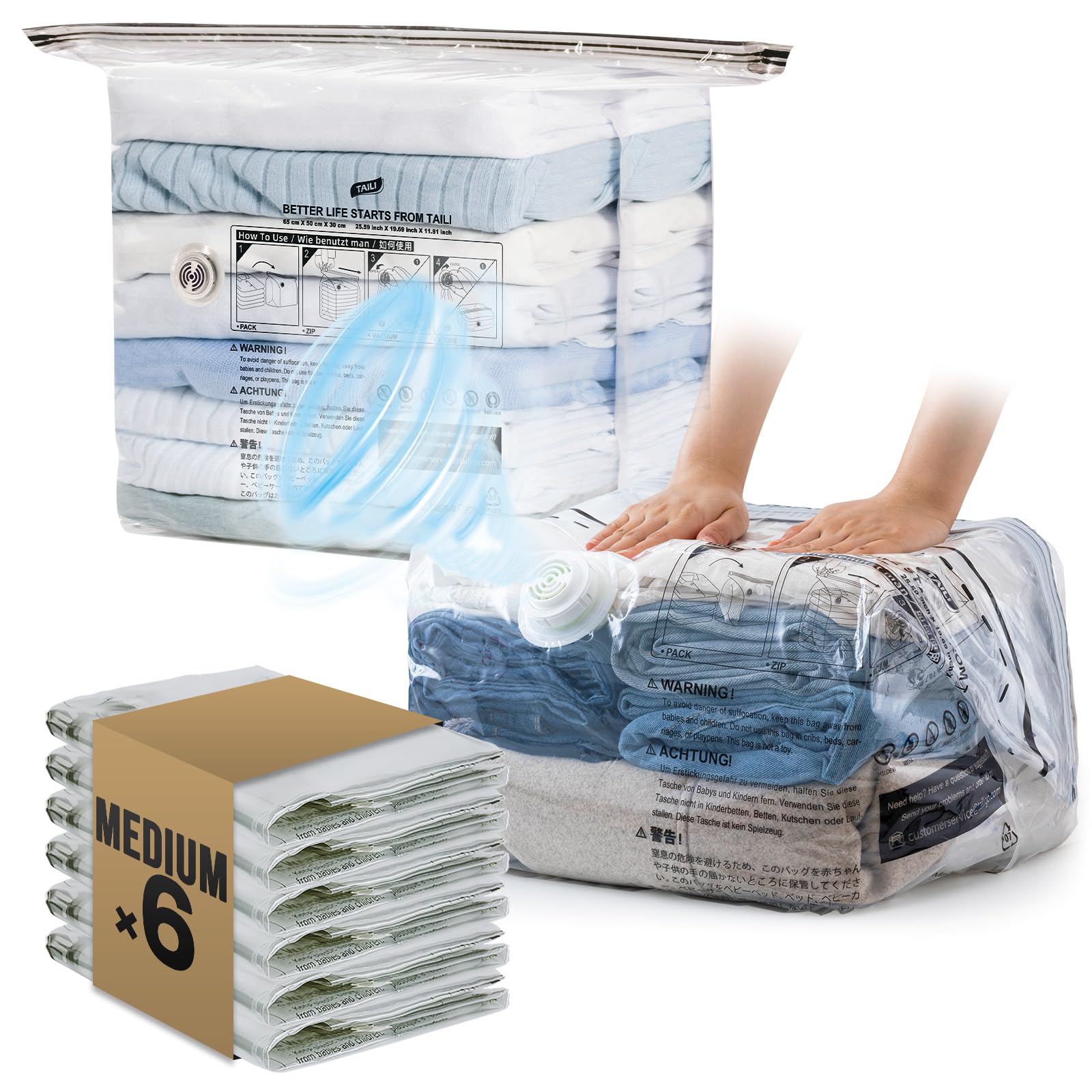 TAILI 6 Pack Cube Vacuum Storage Bags, Medium Size (25x19x11 inch), Vacuum Seal Bags for Clothing, Travel Compression Packing for Clothes, Blankets,