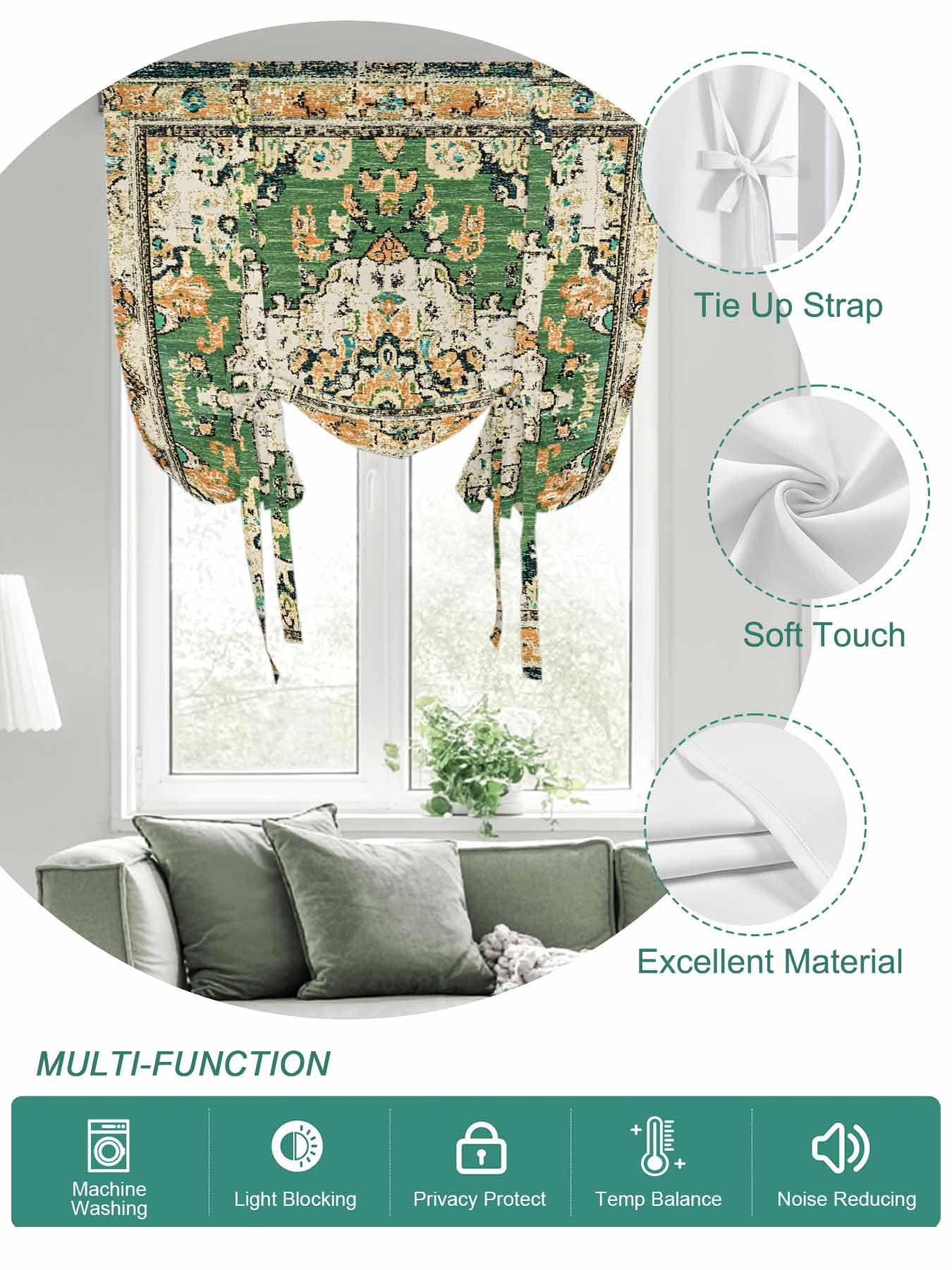 Tie Up Curtains for Windows Green Boho Roman Shade 42 x 54 Inch Bathroom Curtain Window Farmhouse Tribal Vintage Tribal Texture Rod Pocket Short Balloon Curtains for Living Room Kitchen Small Blinds