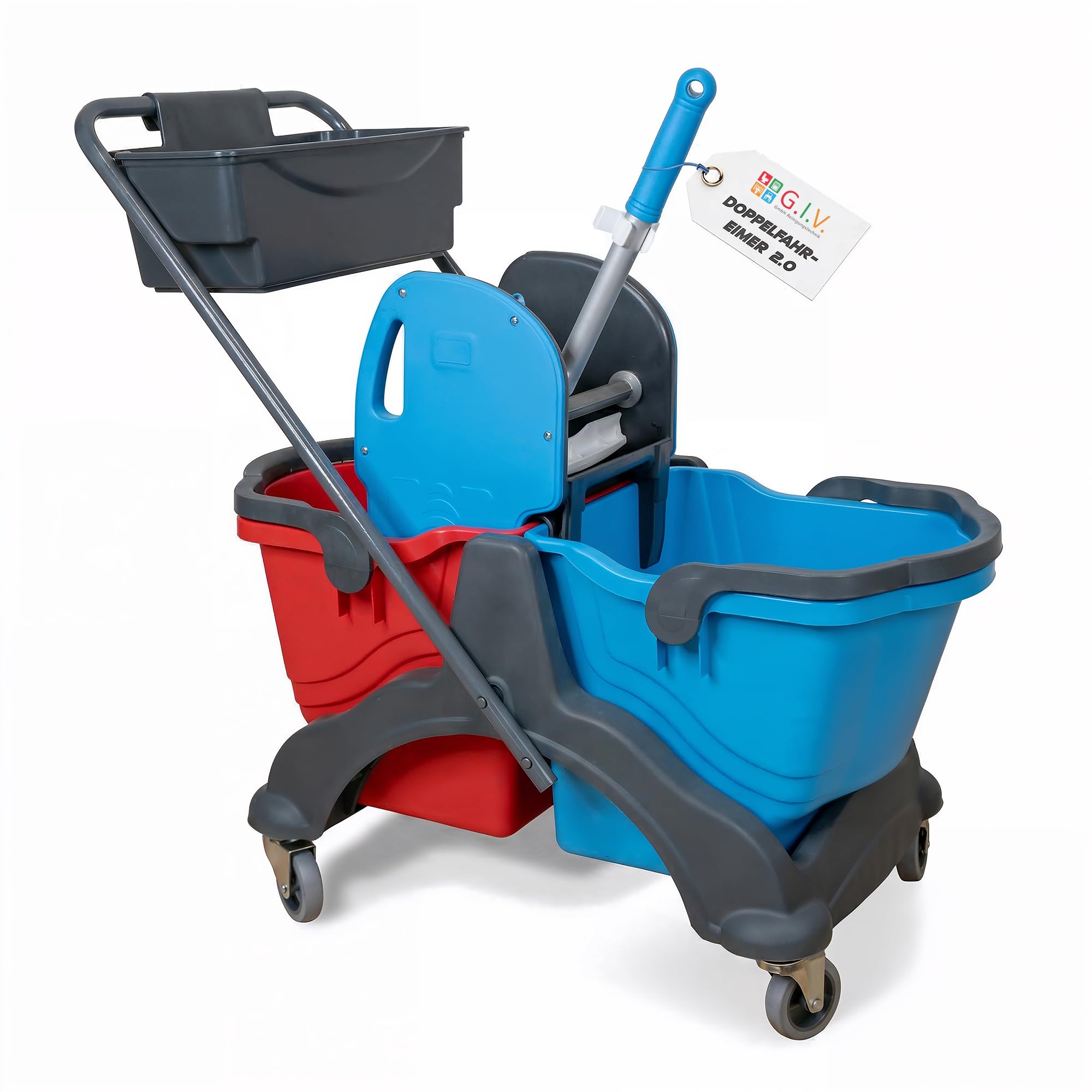 G.I.V. - Reinigungstechnik Putzwagen mit Wischmopp Presse & Ablagekorb - Doppelfahreimer mit 2X 25L Eimern rot/blau für Gebäudereinigung - Putzeimer - Reinigungswagen für Industrie Gewerbe & Haushalt