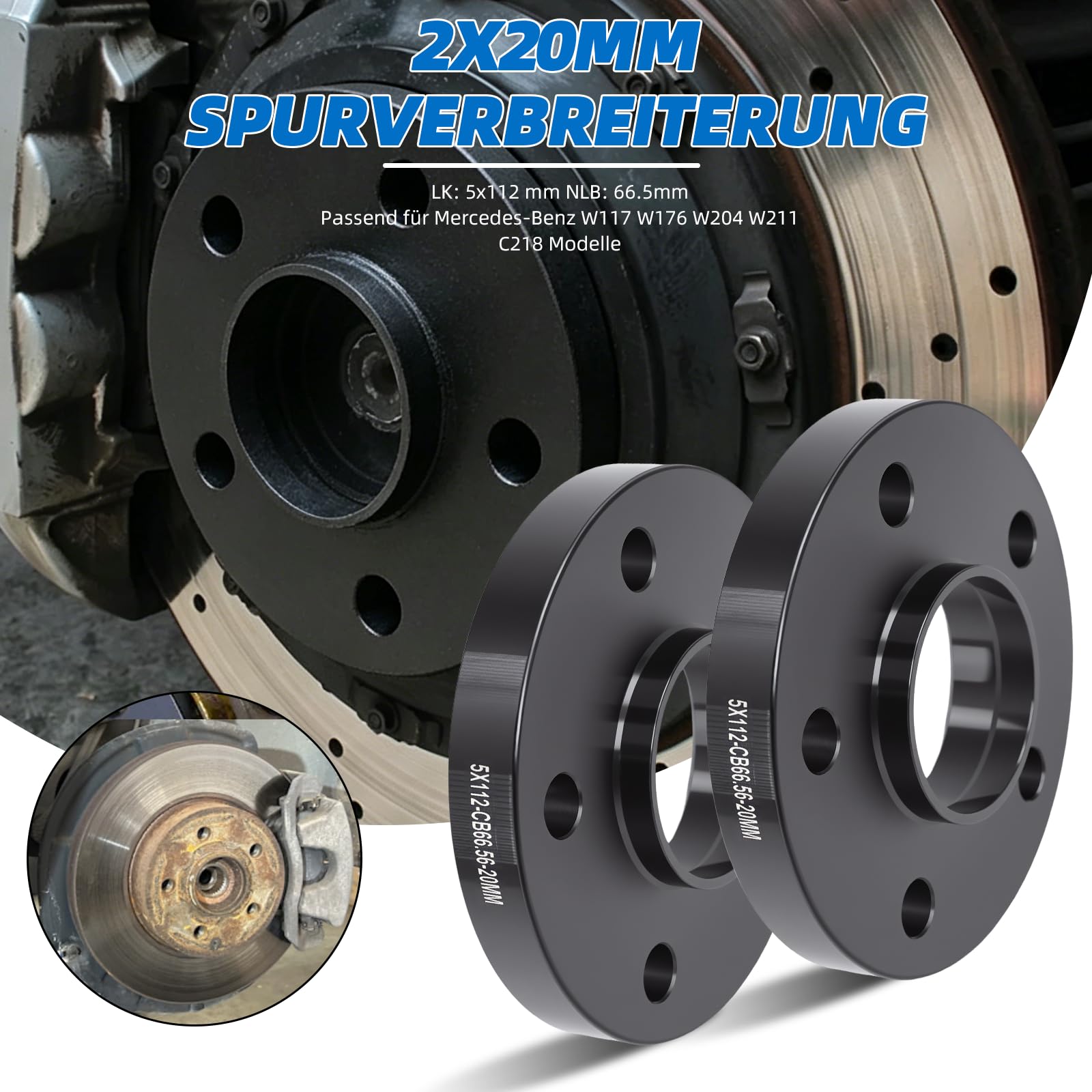 2 x 20 mm Radnaben-Distanzset 5x112 Ø66,5 für Mercedes-Benz | 40mm Spurverbreiterung für Mercedes 117/176/204/211/218. Inkl. 10 Kugelbund-Schrauben M14x1,5 (R13, 50mm). Schwarz eloxiert.