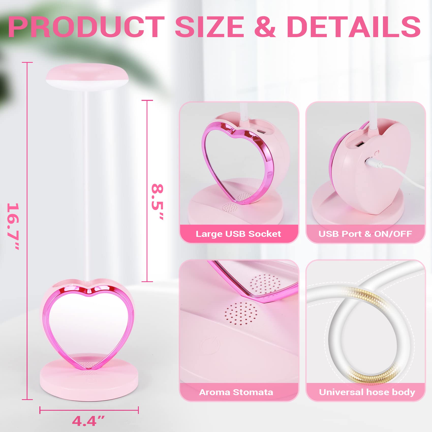 LáMpara de Escritorio LED para NiñAs, LáMpara de Escritorio LED Recargable con Puerto de Carga USB y PortaláPices, Atenuable Rosa para el Cuidado de los Ojos
