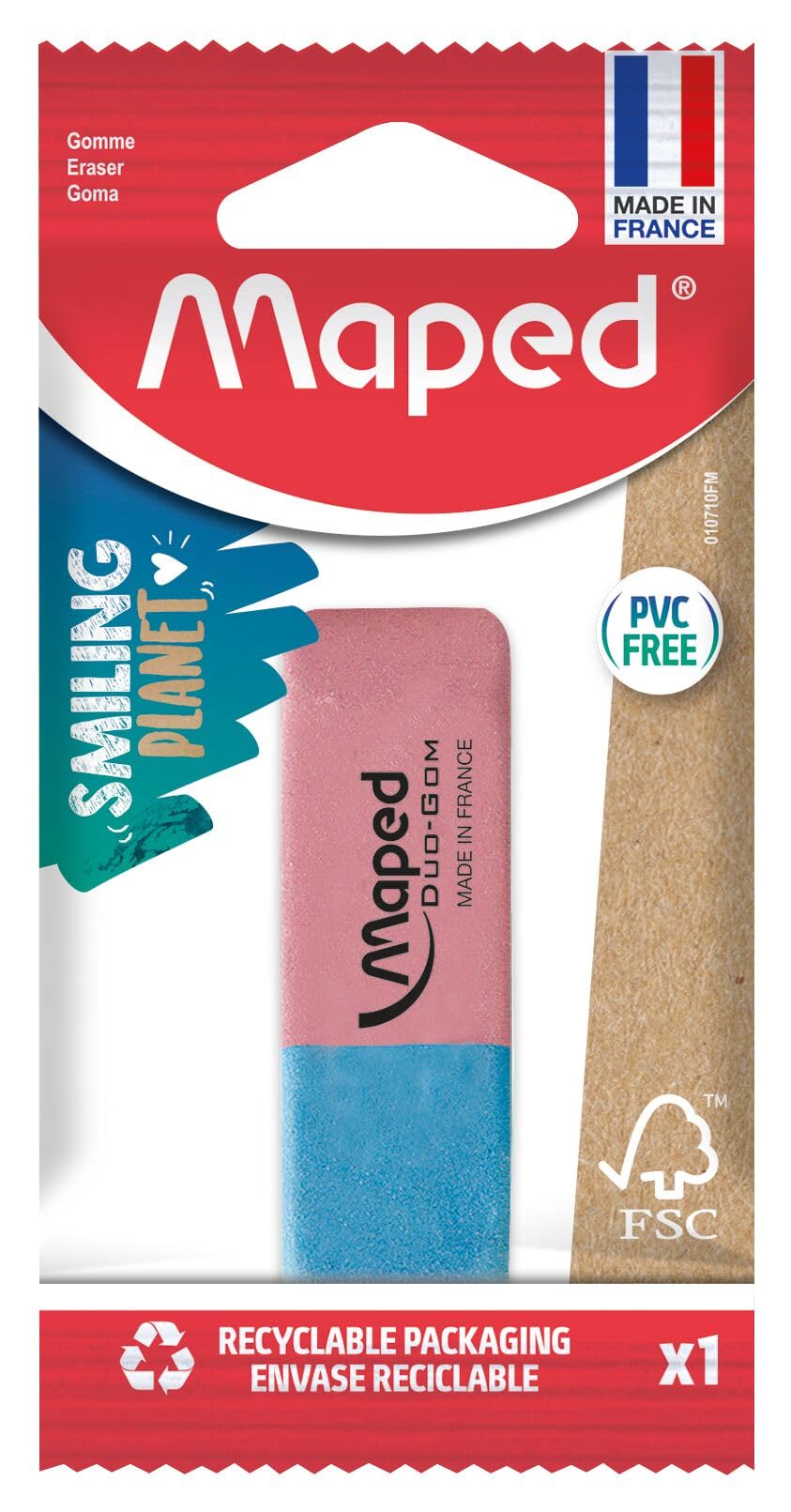 Maped Duo-Gom Medium Eraser - Natural Rubber Eraser without PVC - Pink and Blue - FSC Certified - Paper Packaging 100% Recyclable