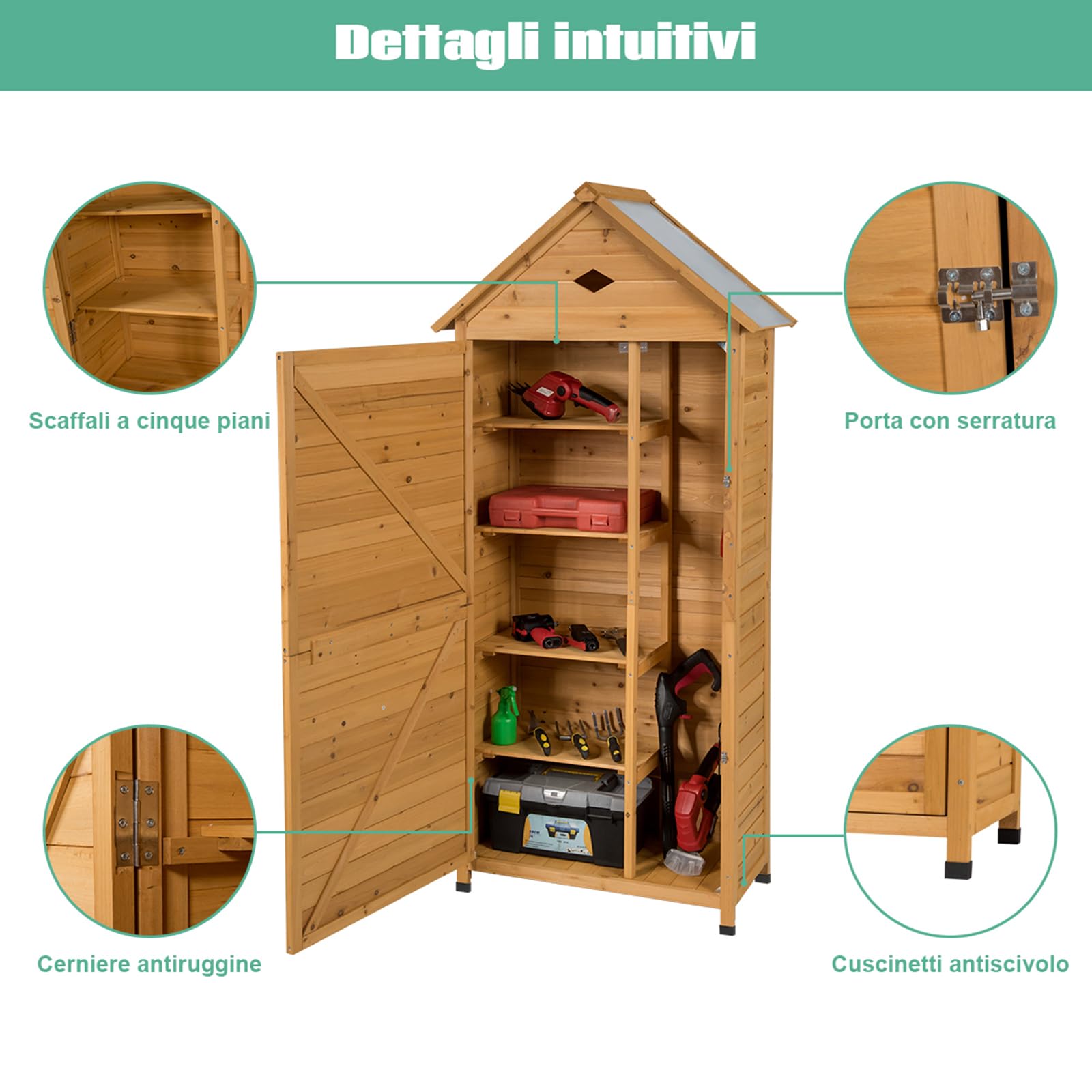 COSTWAY Armadio da Esterno in Legno, Casetta da Esterno con Ante, Ripiani Rimovibili, Serrature e Tetto Inclinato, Armadietto Versatile da Giardino, Balcone e Cortile (80 x 45 x 177 cm)
