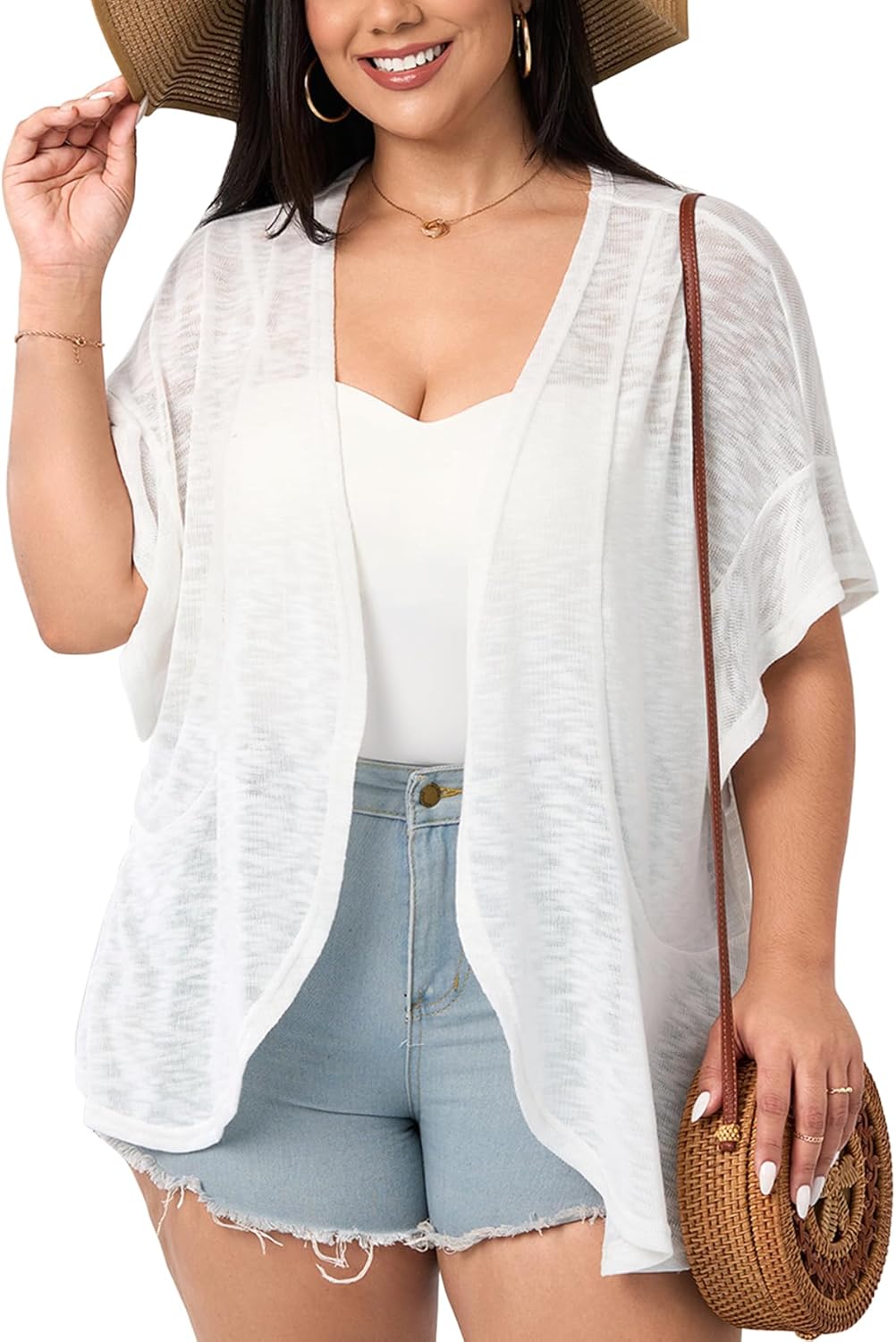 SCOMCHIC Women Plus Size Lightweight Cardigan Summer Kimono Ruffle Short Sleeve Open Front Casual Tops Beach Cover Up