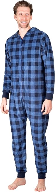 SLEEPHERO Adult Onesie Men Cozy Christmas Holiday Mens Onsie Pyjamas Adult Pyjamas For Men Flannel Adult Mens PJs Navy Buffalo Check Small