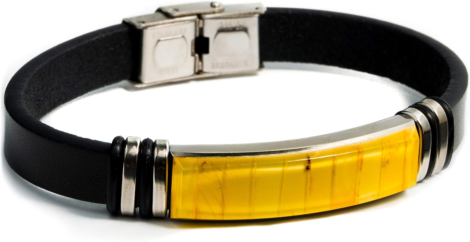 Handmade Baltic Amber Mosaics Bracelet with Leatherette Band, Stainless Steel Clasp, Ideal for 7.4 in Wrist Size, Adjustable, Baltic Amber Jewelry for Women, Men, Unisex
