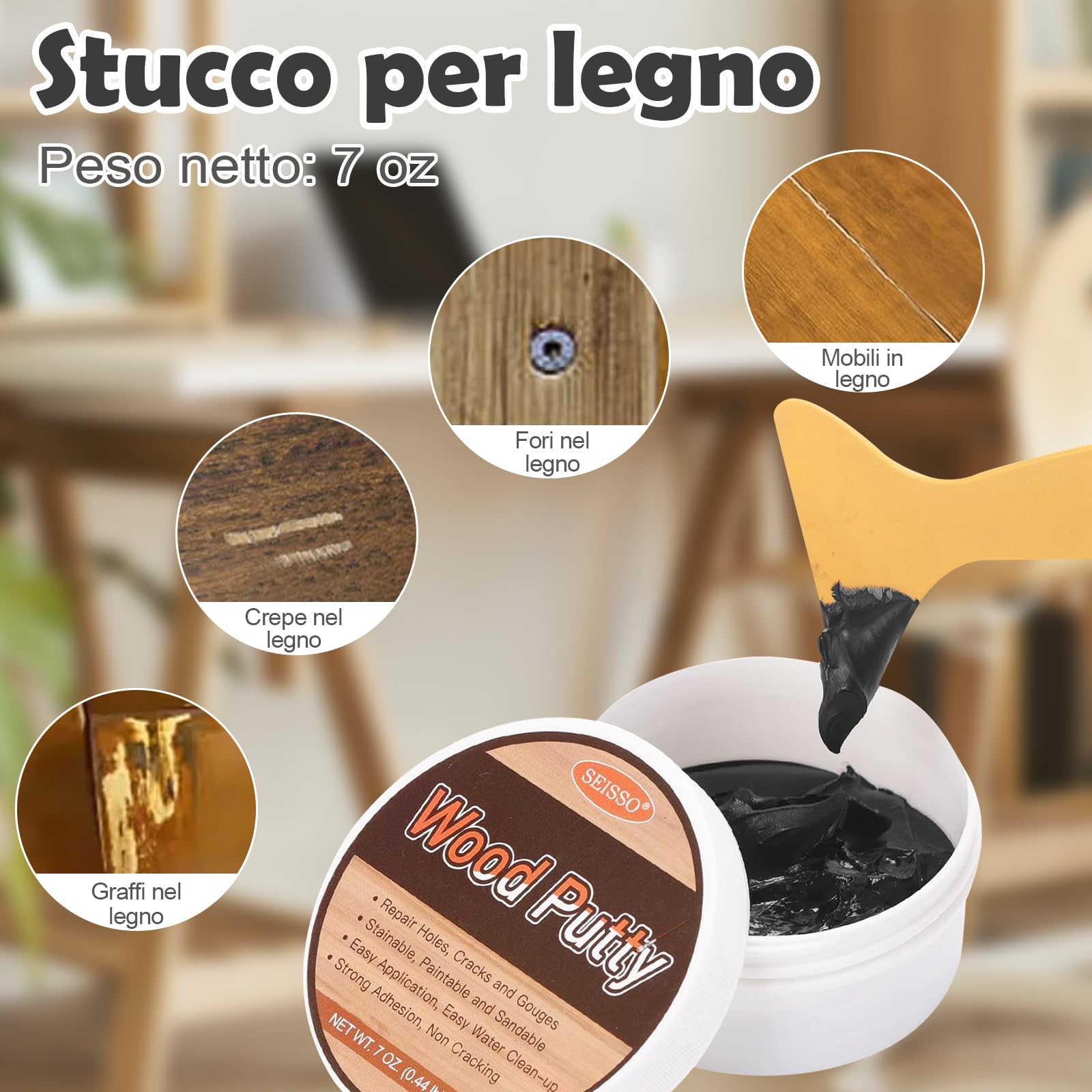 SEISSO 200g Stucco per Legno Nero, Kit di Riparazione per Mobili in Legno Stucco per Legno Mordente Verniciabile Levigabile