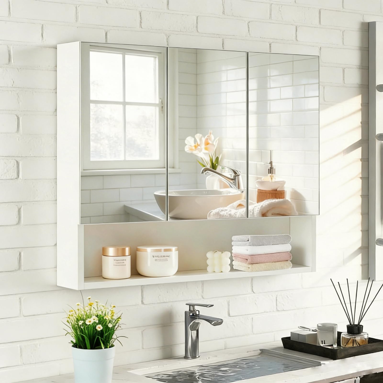 LEMROE Bathroom Mirror Cabinet with 3 Doors Bathroom Storage Cabinet with Adjustable Shelves Wall Mounted MDF Cupboard Storage Unit (70x15.5x63cm)