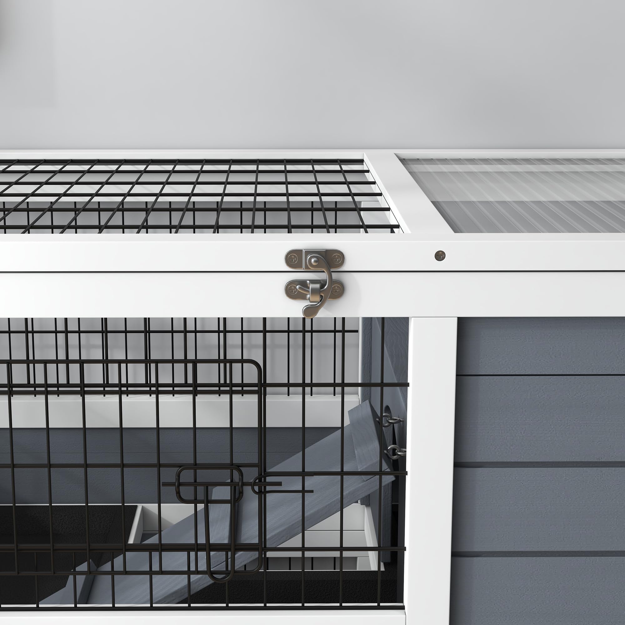 PawHut Clapier en Bois d'intérieur, Cage à Lapin sur roulettes à 2 Niveaux avec 2 Plateaux coulissants, Porte verrouillable, mangeoire, 90 x 53 x 97 cm, Gris