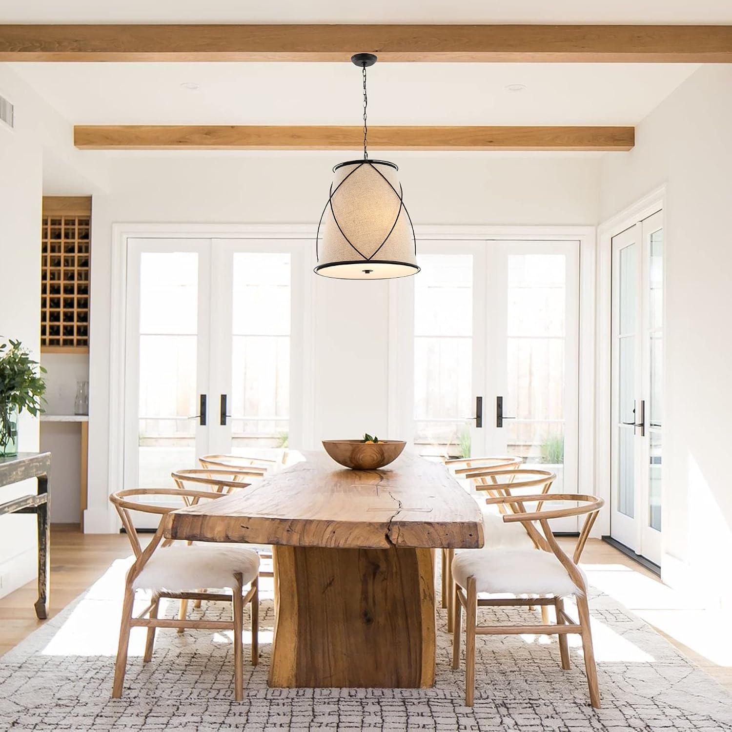 JONATHAN Y 19" Oil Rubbed Bronze 3-Light Iron Pendant Light, Rustic Farmhouse Adjustable Height Fixture for Kitchen Island Dining Room, Linen Shade, LED Bulbs Included JYL1315A