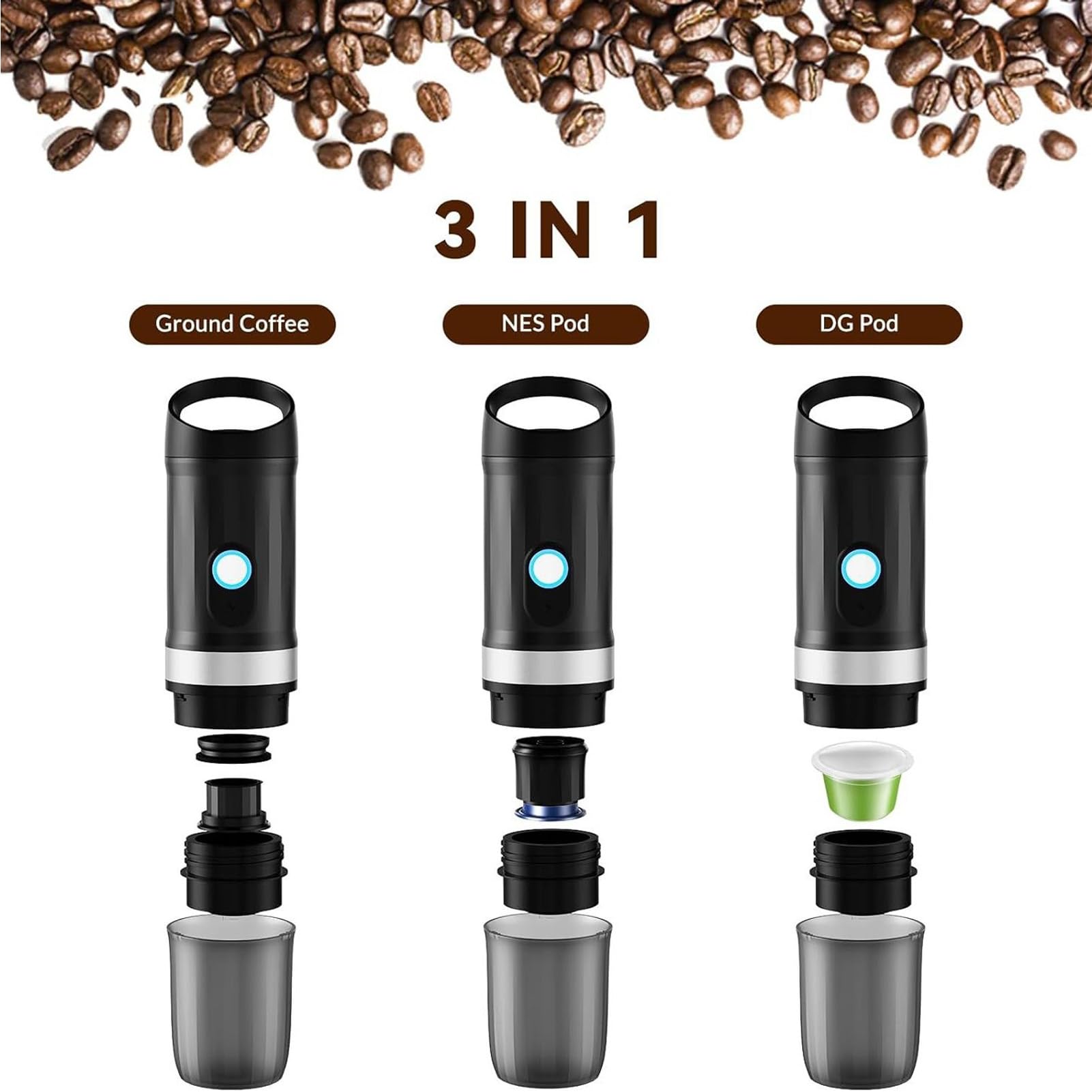 Macchina per Espresso Portatile 3 in 1, Caffettiera Elettrica Ricaricabile 20 Bar con Riscaldamento Autonomo Rapido, Compatibile con Capsule e caffè Macinato per gite, lavoro, campeggio (Nera)