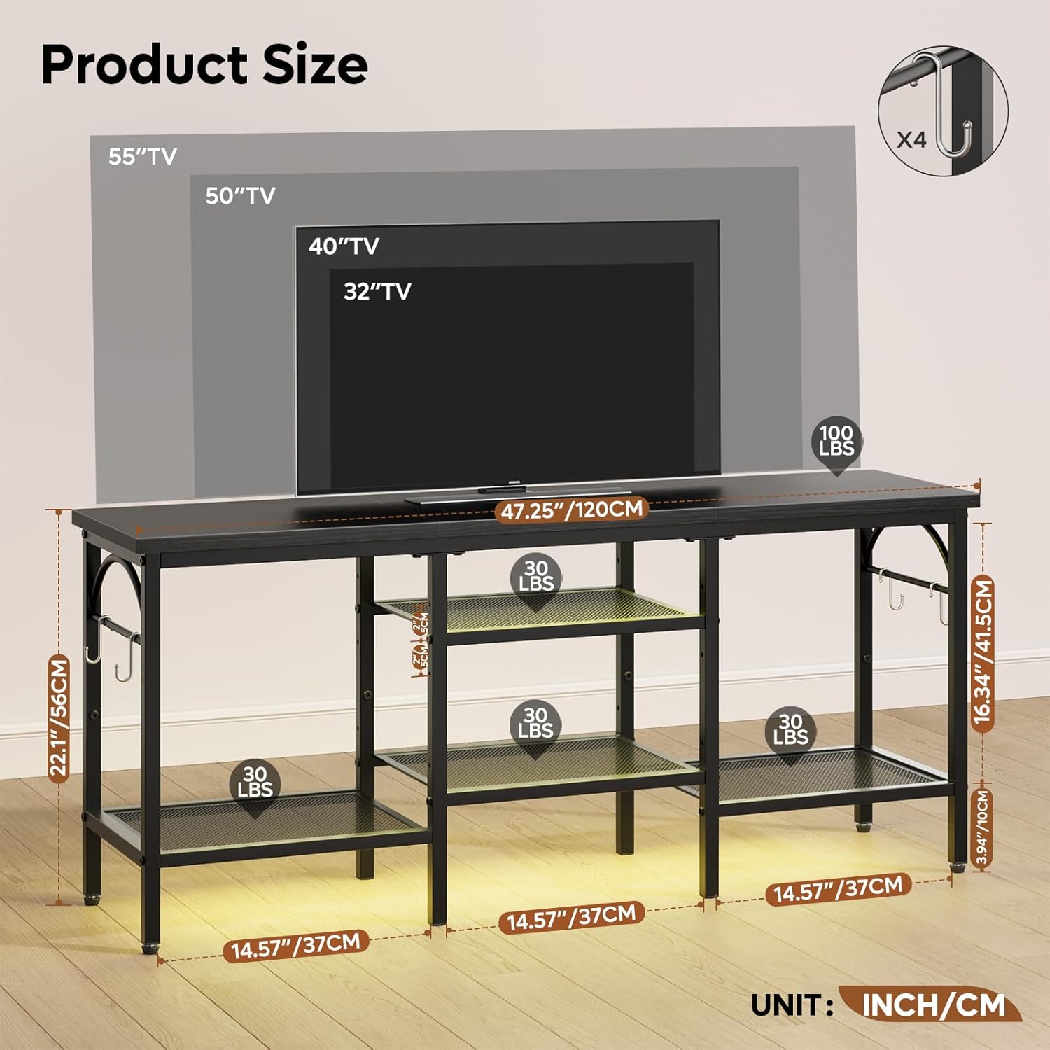 Diagram showing dimensions of the TV stand and recommended TV sizes up to 55 inches, with weight capacities for each shelf.