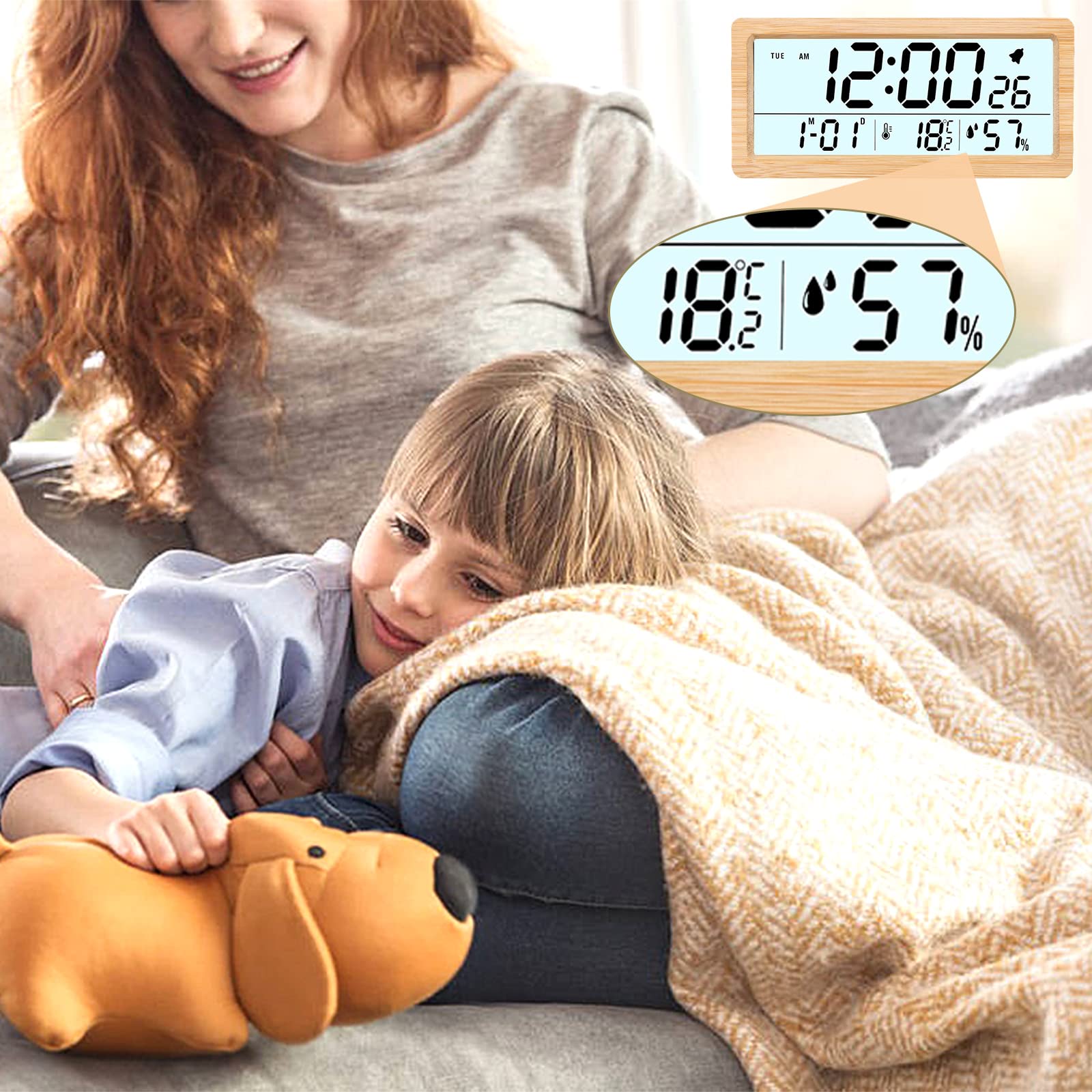 Digitaler Wecker aus Holz mit 15,2 cm großem Display, Schlummerfunktion, Kalender, Hintergrundbeleuchtung, Temperatur und Luftfeuchtigkeit, batteriebetriebene Schreibtischuhr für Schlafzimmer