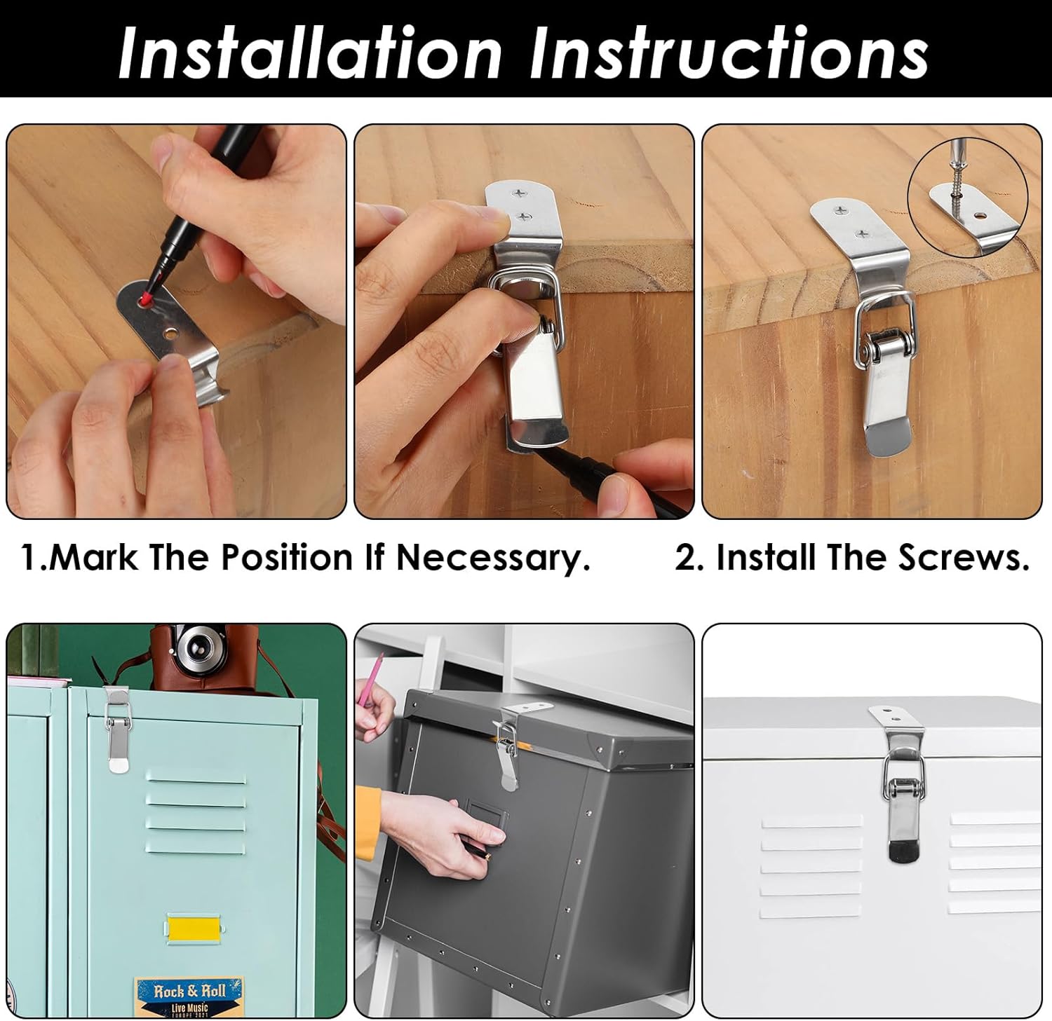 4PCS 90 Degree Tool Box Hood Locks Latches, Stainless Steel Spring Loaded Toggle Latch Catch Catch Hasp Clamp Clip Lock with 16 Screws for Wooden Case Toolboxes Cabinet Chest