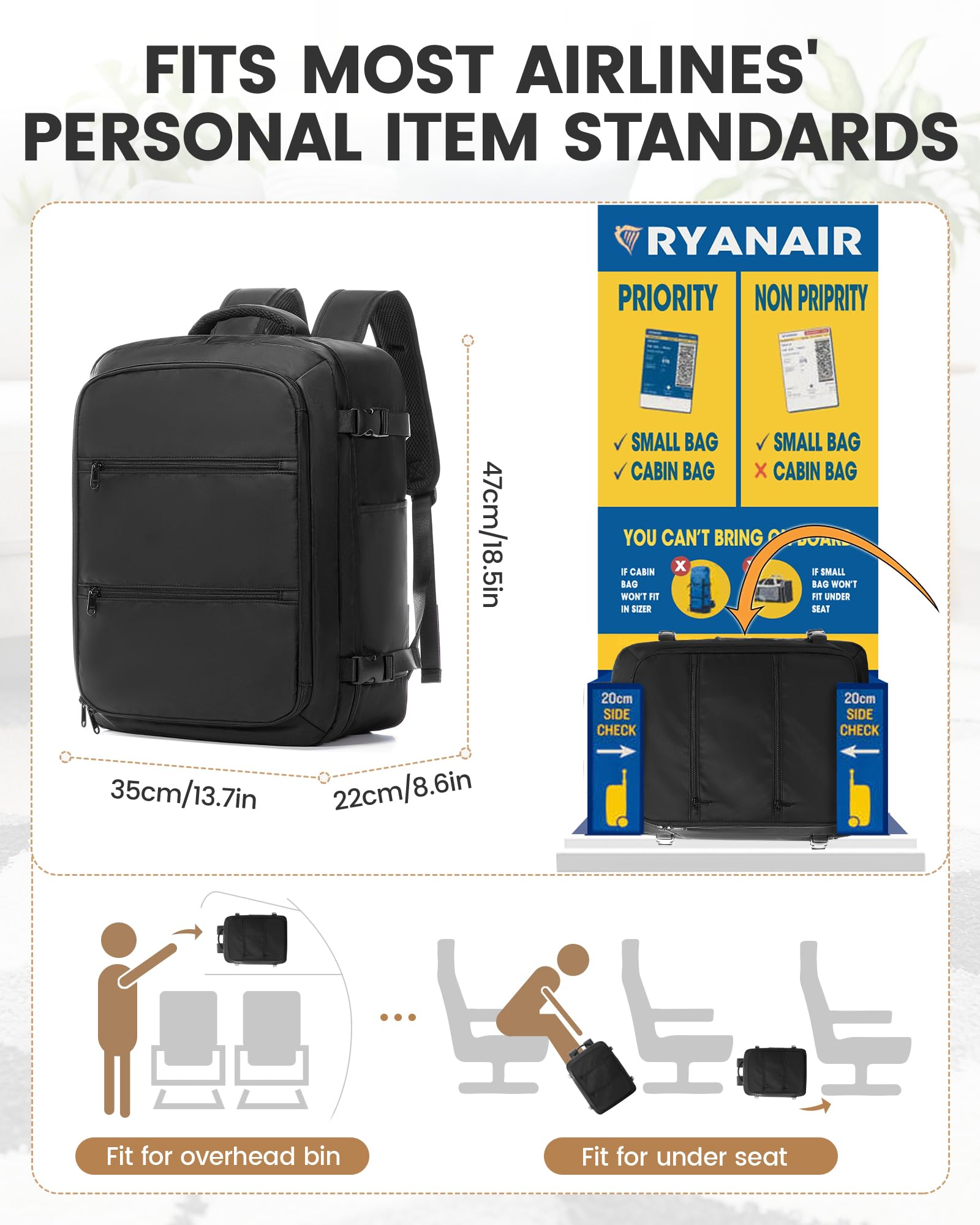 Zaino al vuoto di viaggio con sacchetto da abbigliamento, grande 18×14×8 tuta portare borse volo approvato, bagaglio oggetto personale con sistema di vuoto, Portare su bagaglio tuta uomini