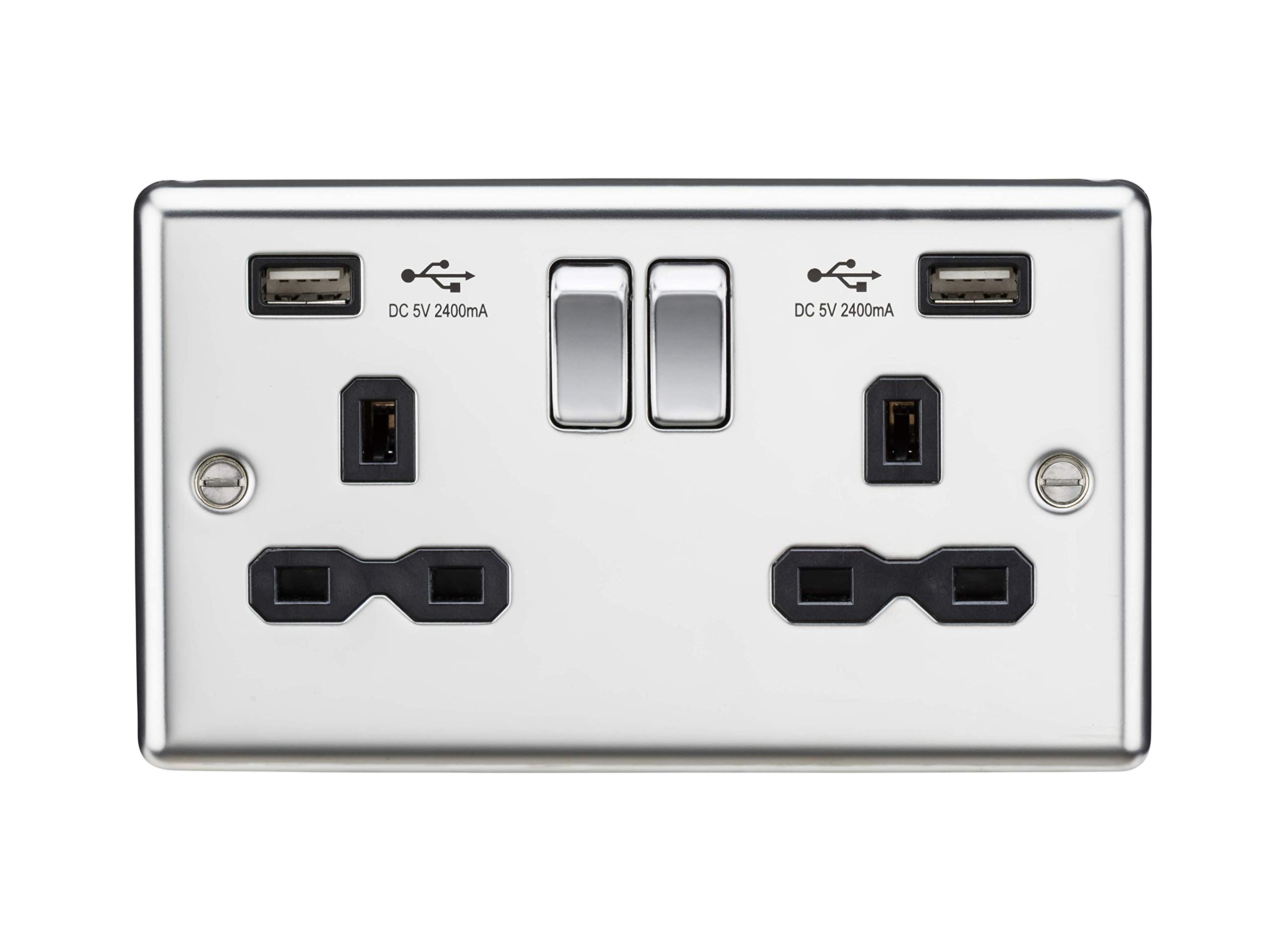 Knightsbridge Polished Chrome Cl9224pc 13A 2G Switched Socket With Dual Usb Charger A + A (2.4A) - With Black Insert