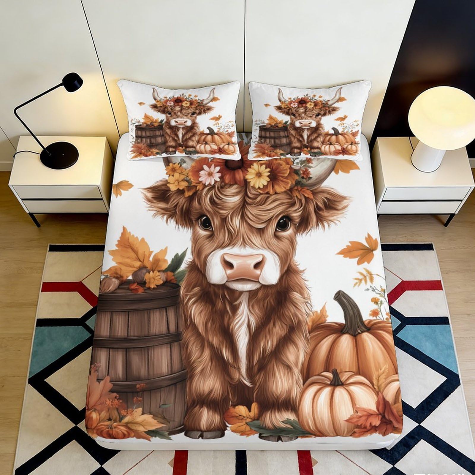 3D Printed Highland Cow Autumn Fitted Sheet Microfiber Soft Pumpkin Mattress Cover for Bedroom Guest Room Decor 90x200x25cm