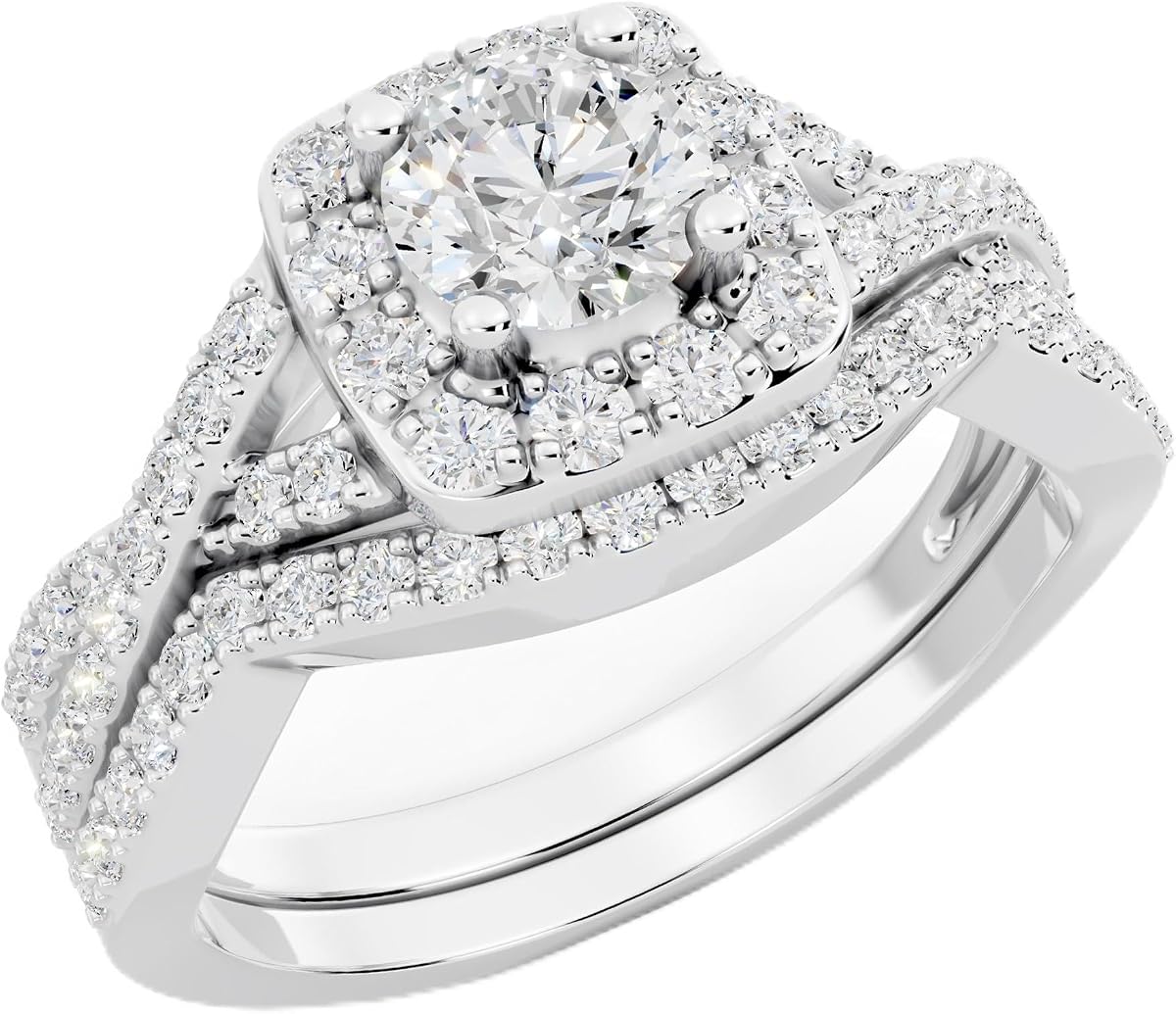 Dazzlingrock Round Cubic Zirconia Halo Crisscross Shank Ring Set | 1.80 Ctw | 5mm Center Stone